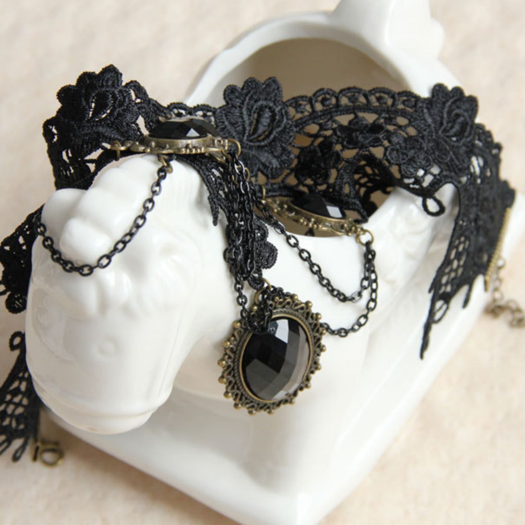 Halloween Black Gothic Lace Collar Necklace | 5 Antique Bronze Oval Gem Black Crystal Chain Drape Dark Empress Vampire Queen Halloween Costume Jewelry Gift