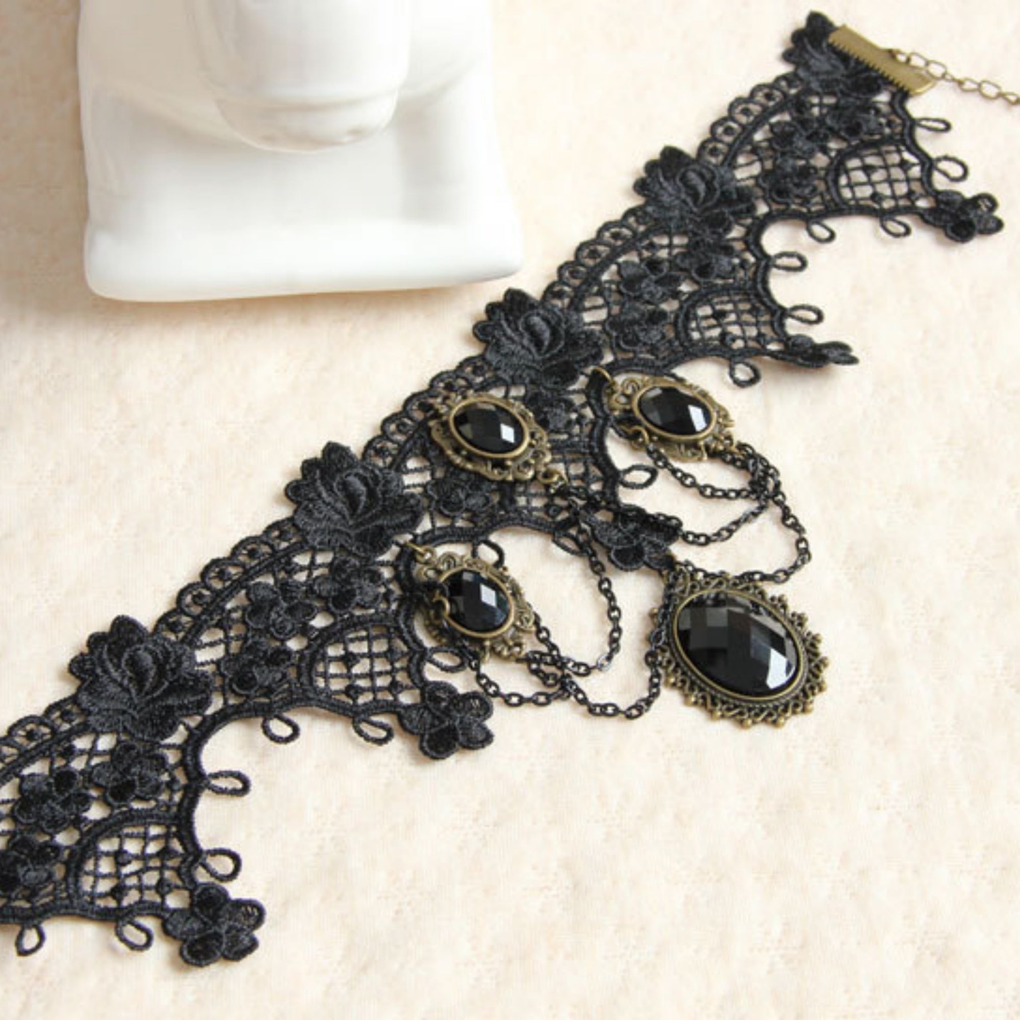 Halloween Black Gothic Lace Collar Necklace | 5 Antique Bronze Oval Gem Black Crystal Chain Drape Dark Empress Vampire Queen Halloween Costume Jewelry Gift
