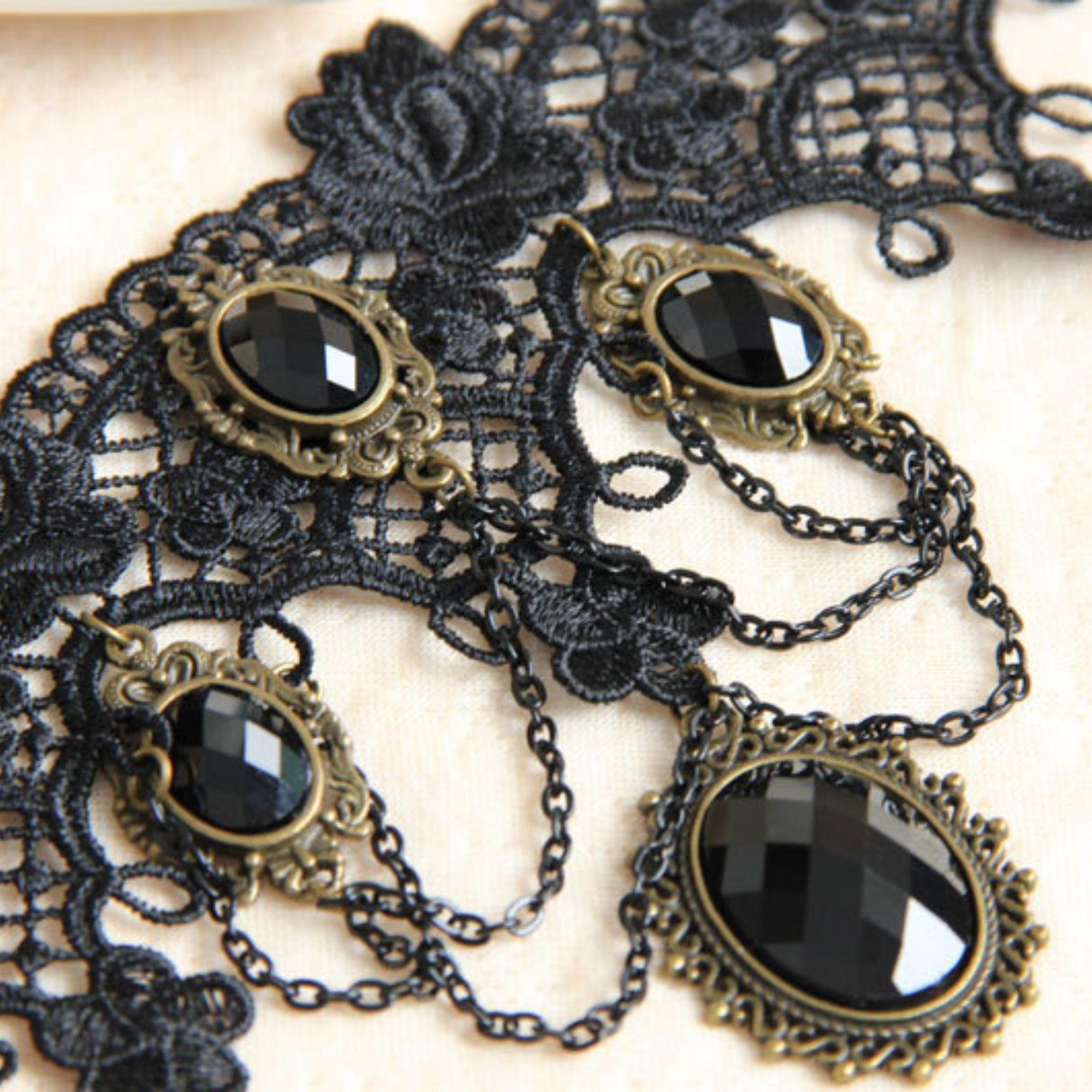 Halloween Black Gothic Lace Collar Necklace | 5 Antique Bronze Oval Gem Black Crystal Chain Drape Dark Empress Vampire Queen Halloween Costume Jewelry Gift