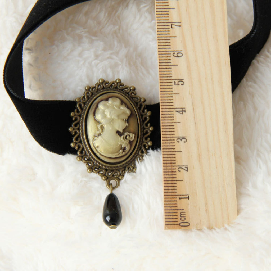 Halloween Black Velvet Wide Choker Necklace | Antique Bronze Victorian Lady Cameo Black Teardrop Drop Vampire Countess Gothic Halloween Costume Jewelry Gift