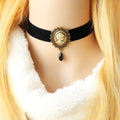Halloween Black Velvet Wide Choker Necklace | Antique Bronze Victorian Lady Cameo Black Teardrop Drop Vampire Countess Gothic Halloween Costume Jewelry Gift
