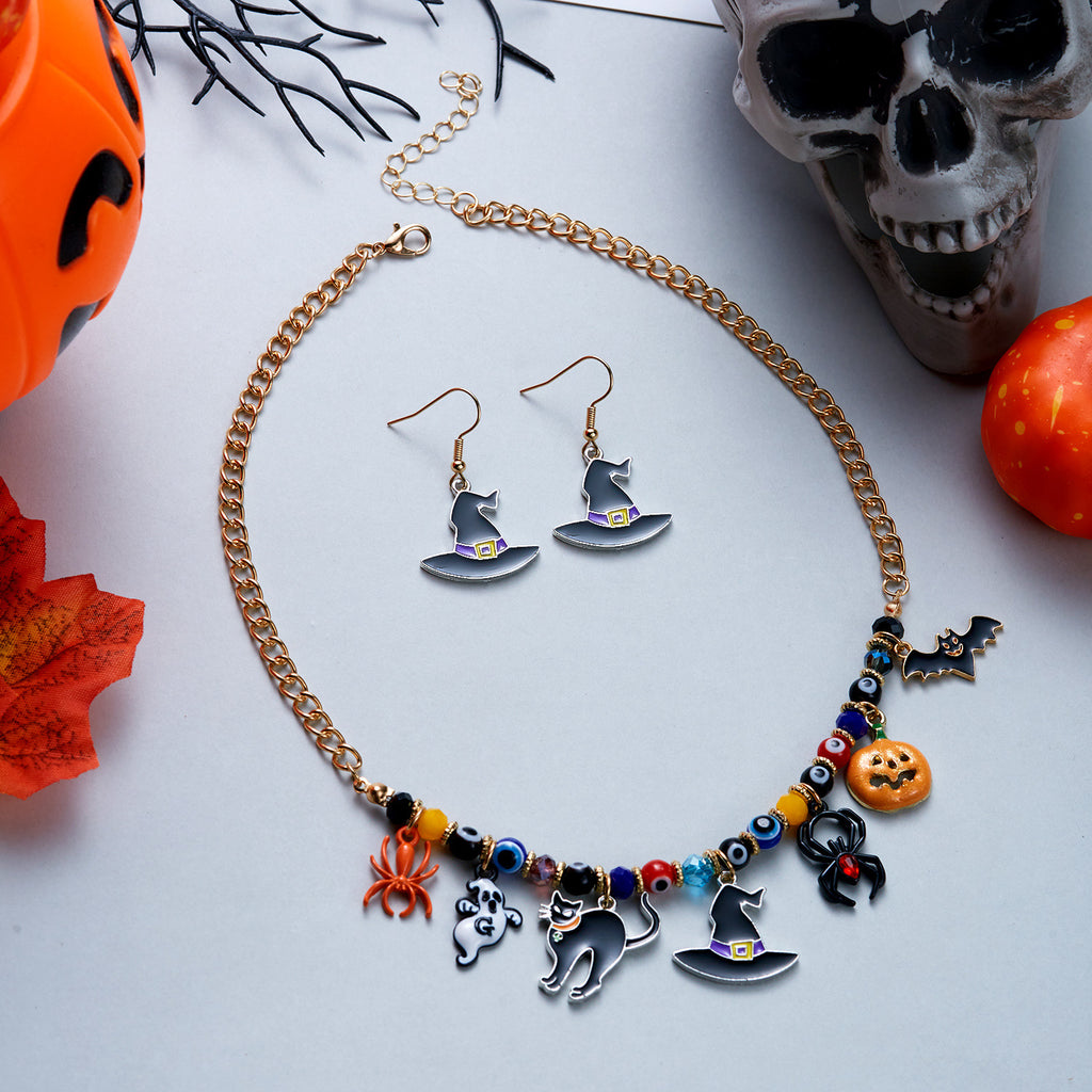 Halloween Ghost Black Cat Pumpkin Charm Necklace & Witch Hat Earring Set | Colorful Bead Gold Chain Halloween Jewelry