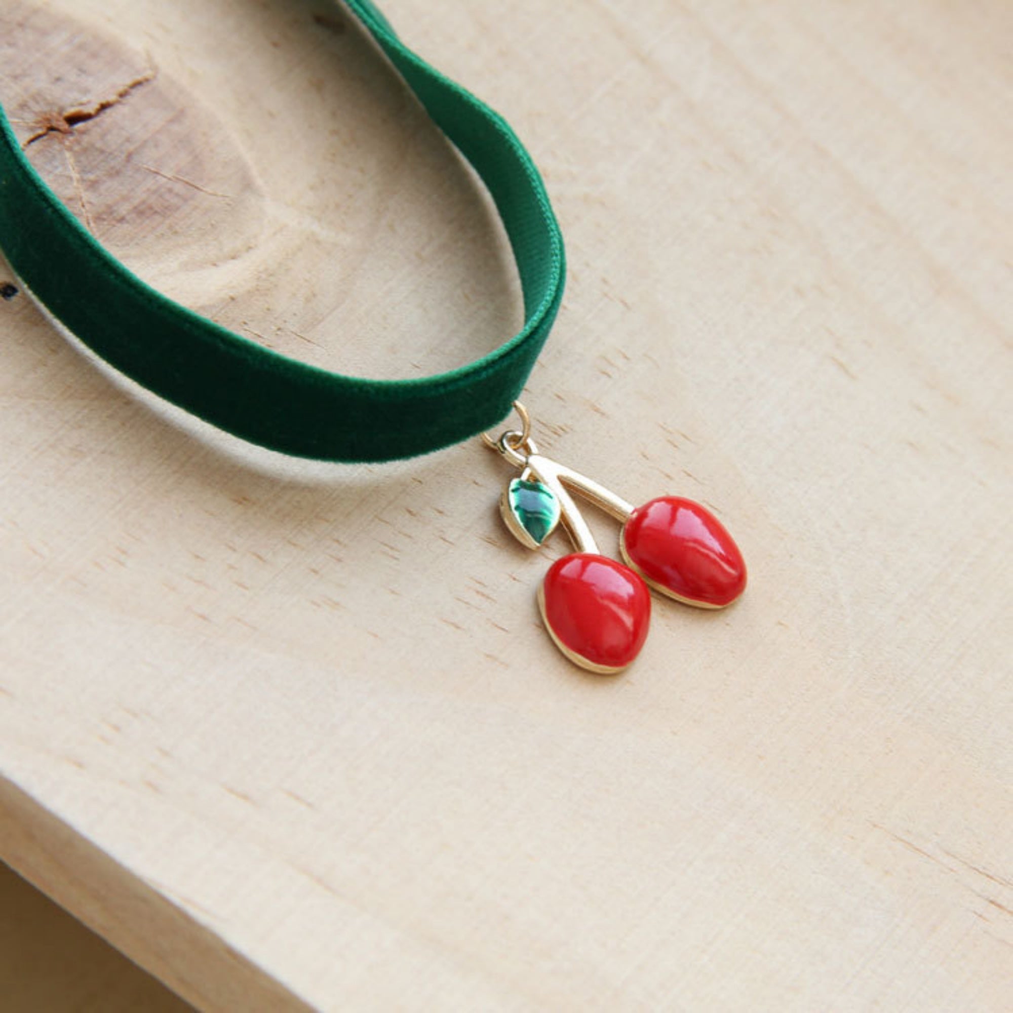 Halloween Green Velvet Choker Necklace | Red Cherry Enamel Pendant Evil Witch Poison Fruit Halloween Costume Jewelry Gift