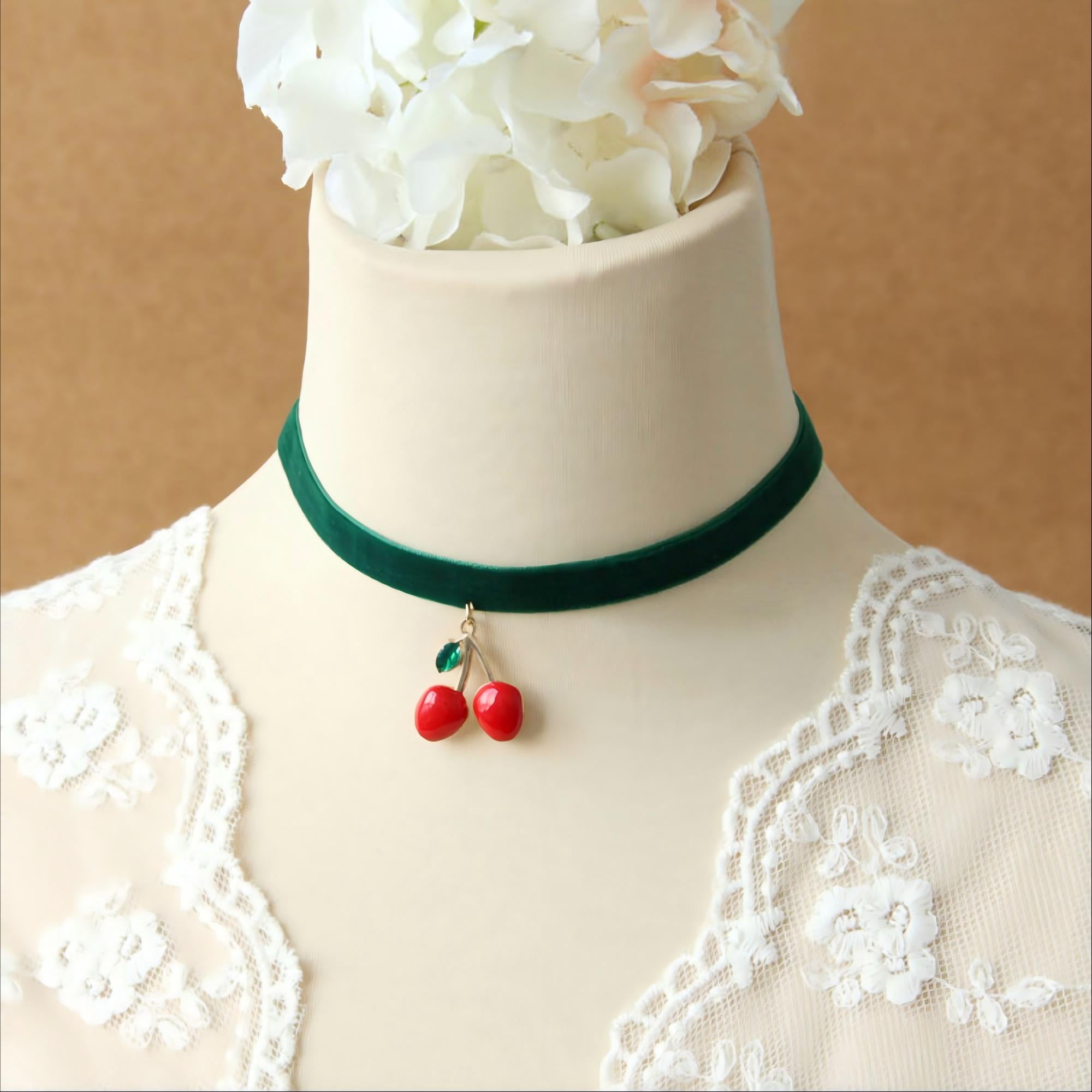 Halloween Green Velvet Choker Necklace | Red Cherry Enamel Pendant Evil Witch Poison Fruit Halloween Costume Jewelry Gift