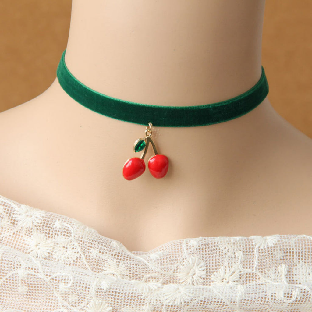 Halloween Green Velvet Choker Necklace | Red Cherry Enamel Pendant Evil Witch Poison Fruit Halloween Costume Jewelry Gift