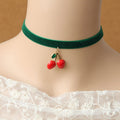 Halloween Green Velvet Choker Necklace | Red Cherry Enamel Pendant Evil Witch Poison Fruit Halloween Costume Jewelry Gift
