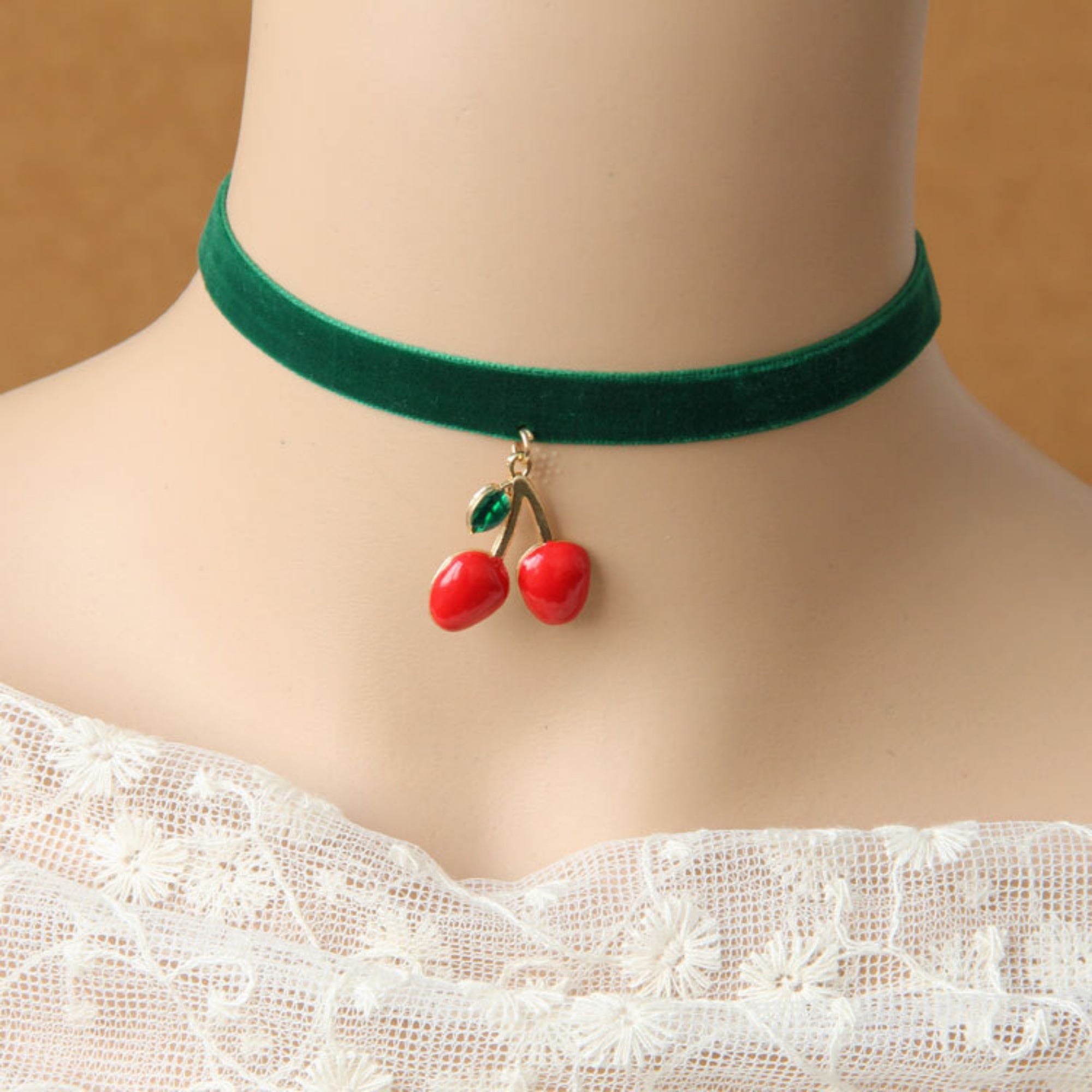 Halloween Green Velvet Choker Necklace | Red Cherry Enamel Pendant Evil Witch Poison Fruit Halloween Costume Jewelry Gift