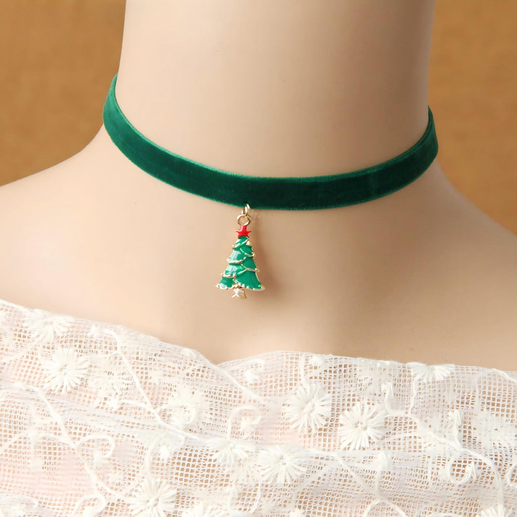 Christmas Green Velvet Choker Necklace | Gold Enamel Christmas Tree Pendant Red Star Holiday Festive Jewelry Gift