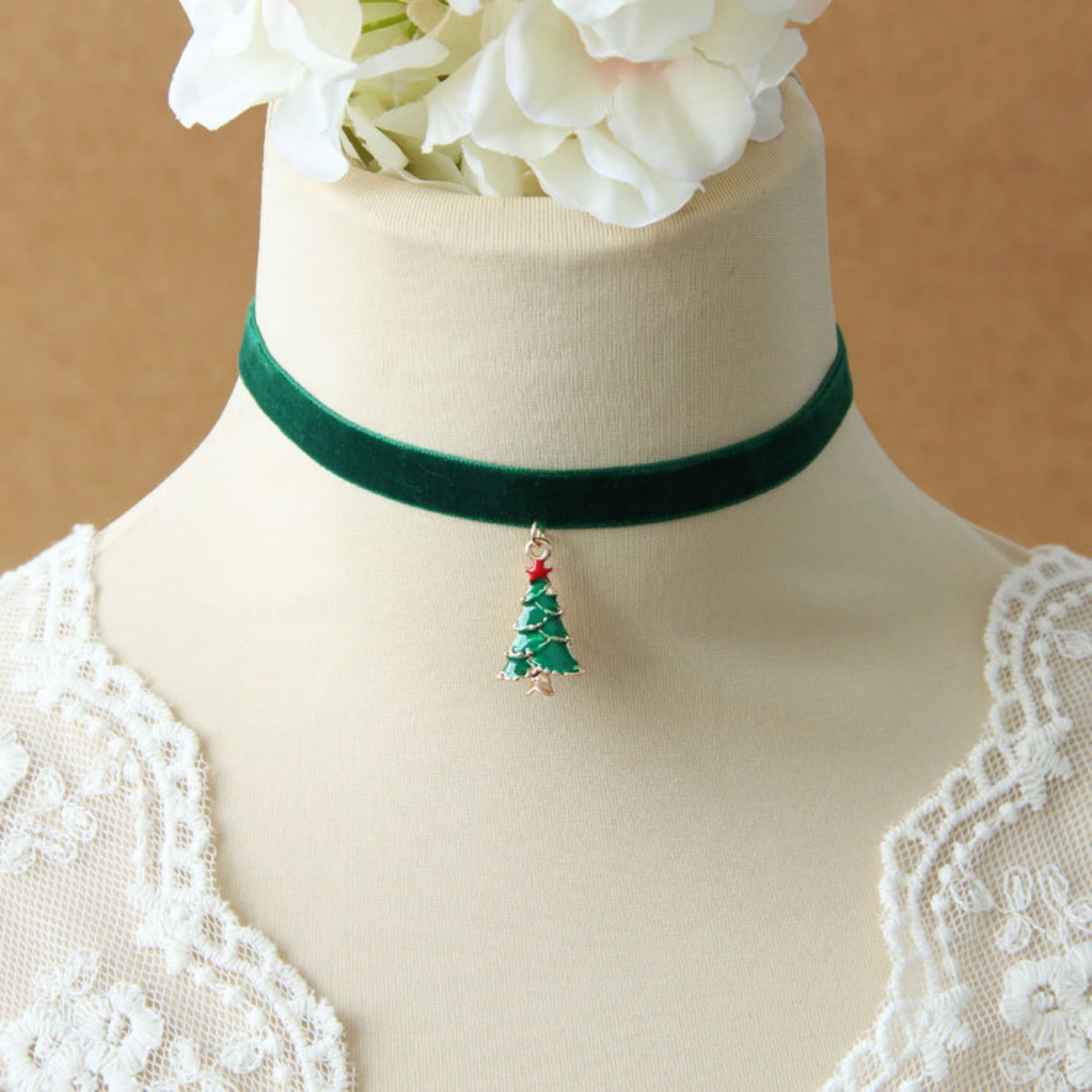 Christmas Green Velvet Choker Necklace | Gold Enamel Christmas Tree Pendant Red Star Holiday Festive Jewelry Gift
