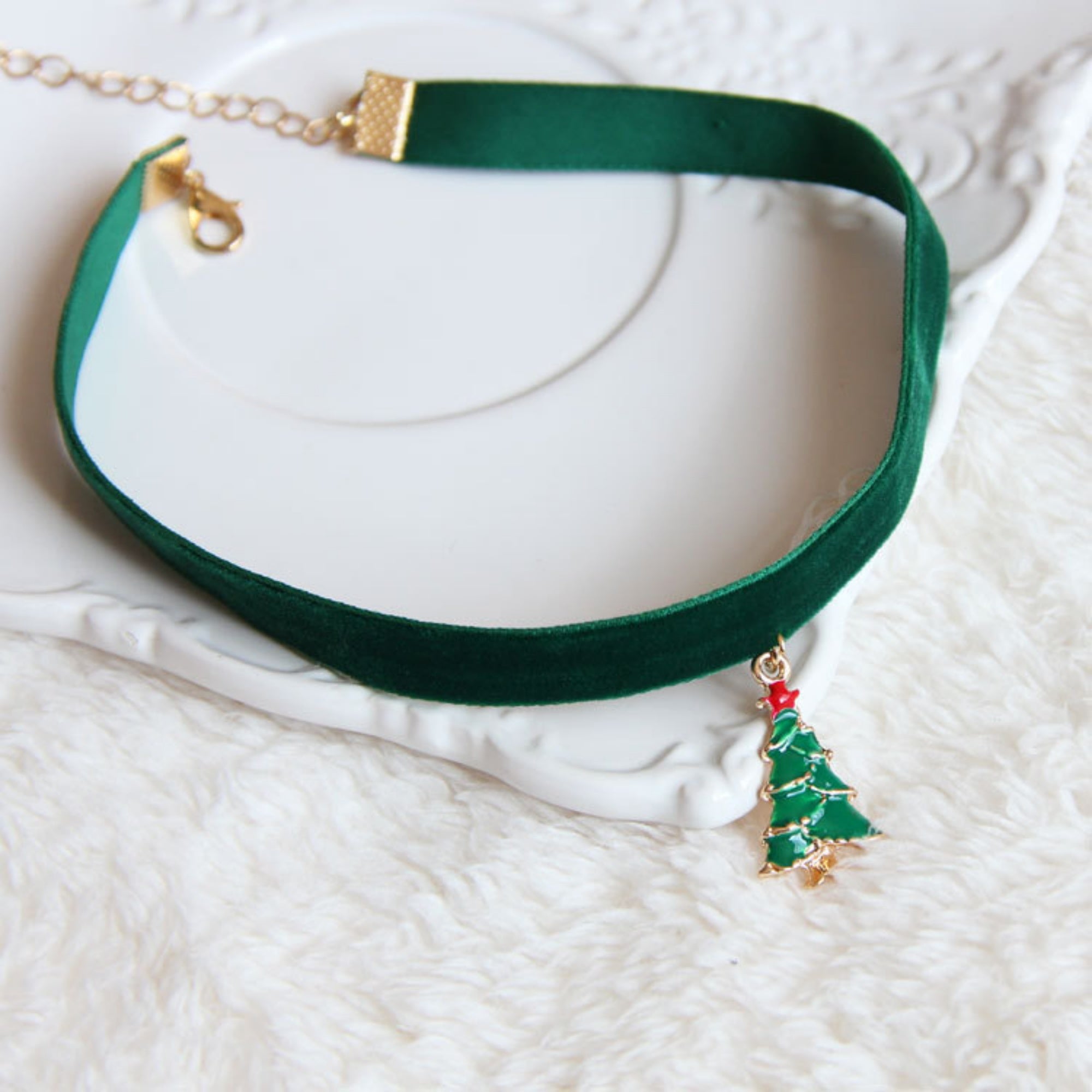 Christmas Green Velvet Choker Necklace | Gold Enamel Christmas Tree Pendant Red Star Holiday Festive Jewelry Gift
