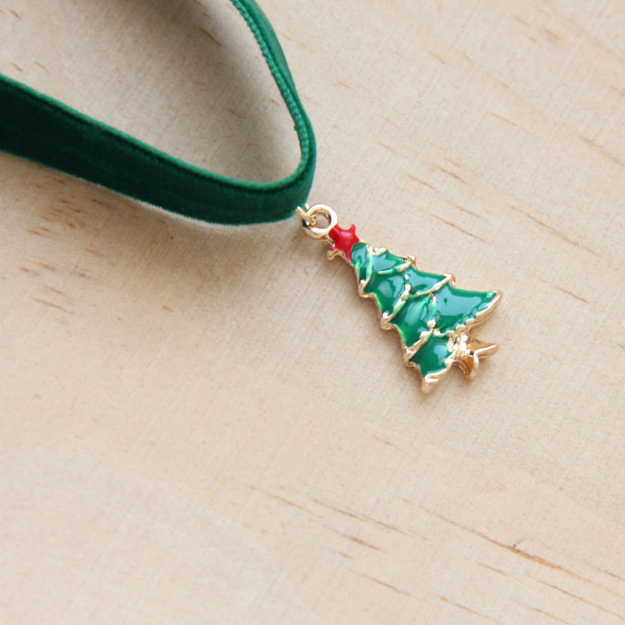 Christmas Green Velvet Choker Necklace | Gold Enamel Christmas Tree Pendant Red Star Holiday Festive Jewelry Gift
