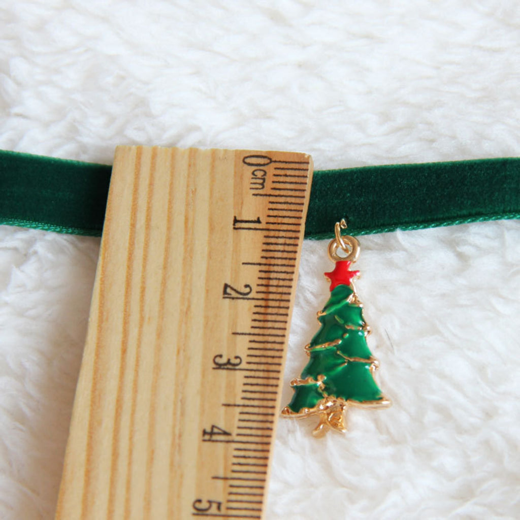 Christmas Green Velvet Choker Necklace | Gold Enamel Christmas Tree Pendant Red Star Holiday Festive Jewelry Gift