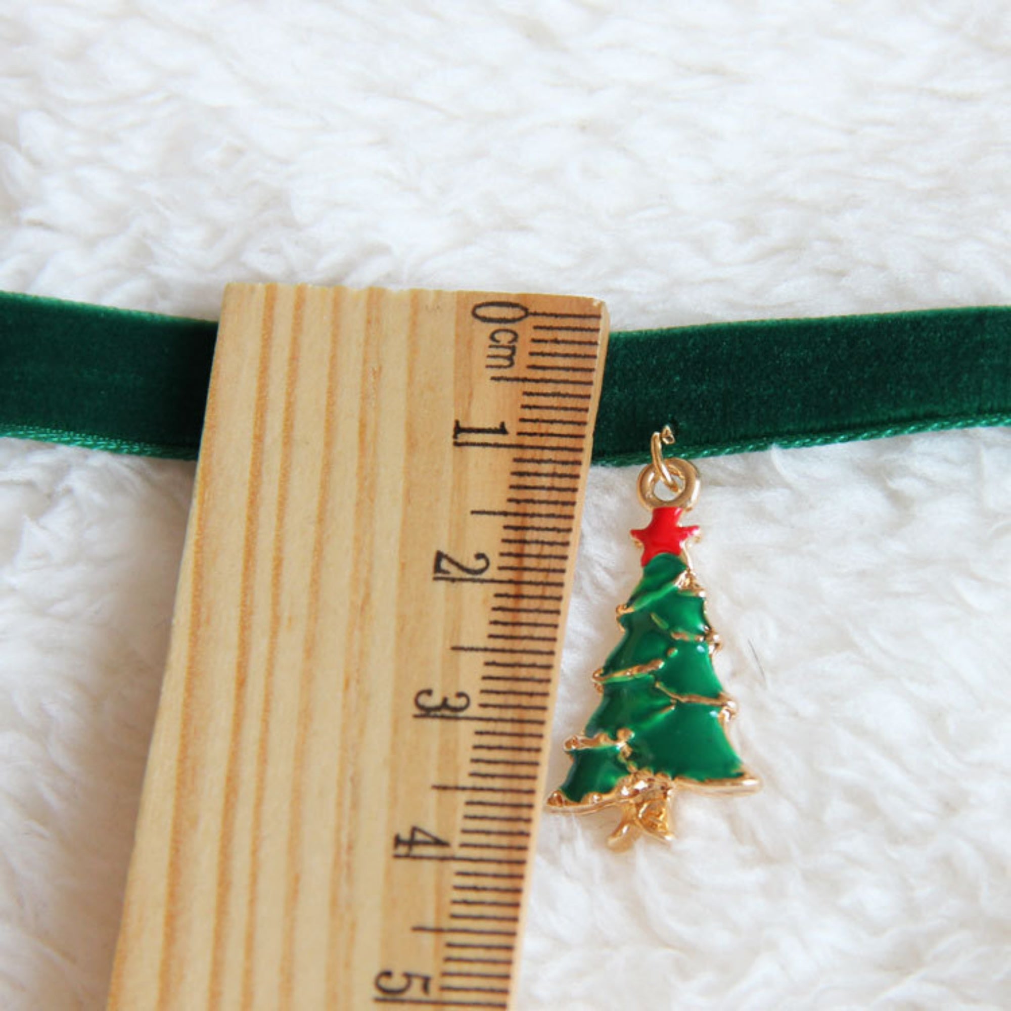 Christmas Green Velvet Choker Necklace | Gold Enamel Christmas Tree Pendant Red Star Holiday Festive Jewelry Gift