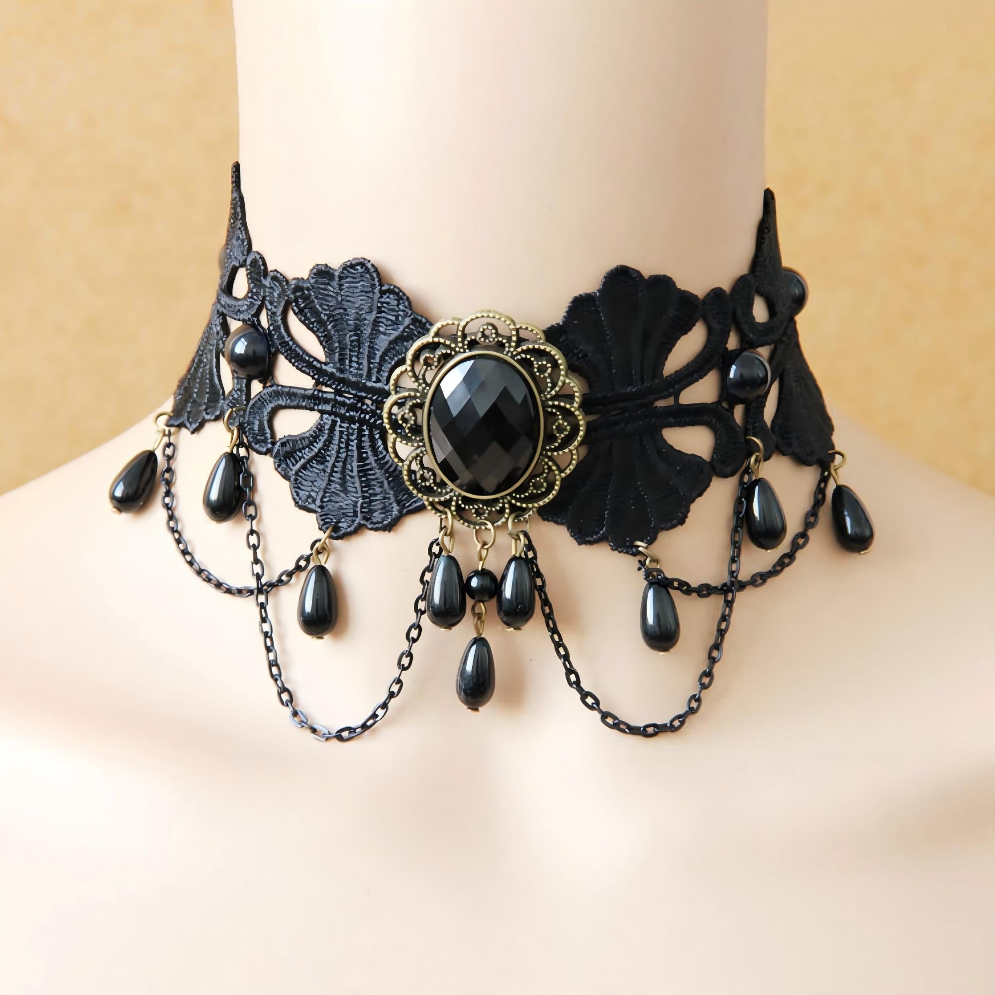 Halloween Black Lace Chandelier Choker Necklace | Antique Bronze Oval Gem Black Pearl Multi-Chain Drop Vampire Queen Halloween Costume Jewelry Gift