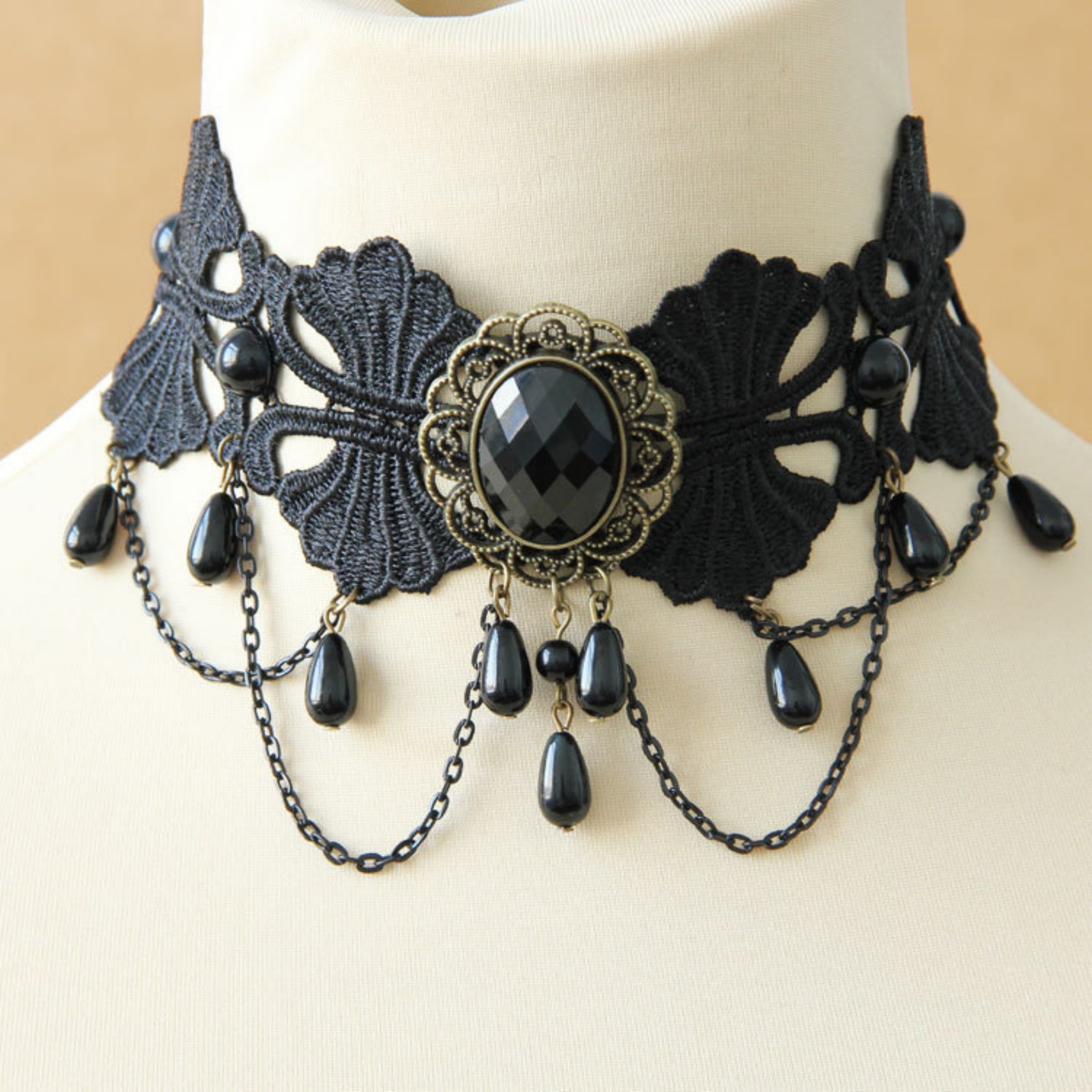 Halloween Black Lace Chandelier Choker Necklace | Antique Bronze Oval Gem Black Pearl Multi-Chain Drop Vampire Queen Halloween Costume Jewelry Gift