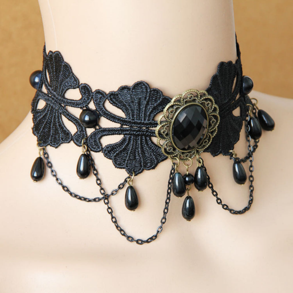 Halloween Black Lace Chandelier Choker Necklace | Antique Bronze Oval Gem Black Pearl Multi-Chain Drop Vampire Queen Halloween Costume Jewelry Gift