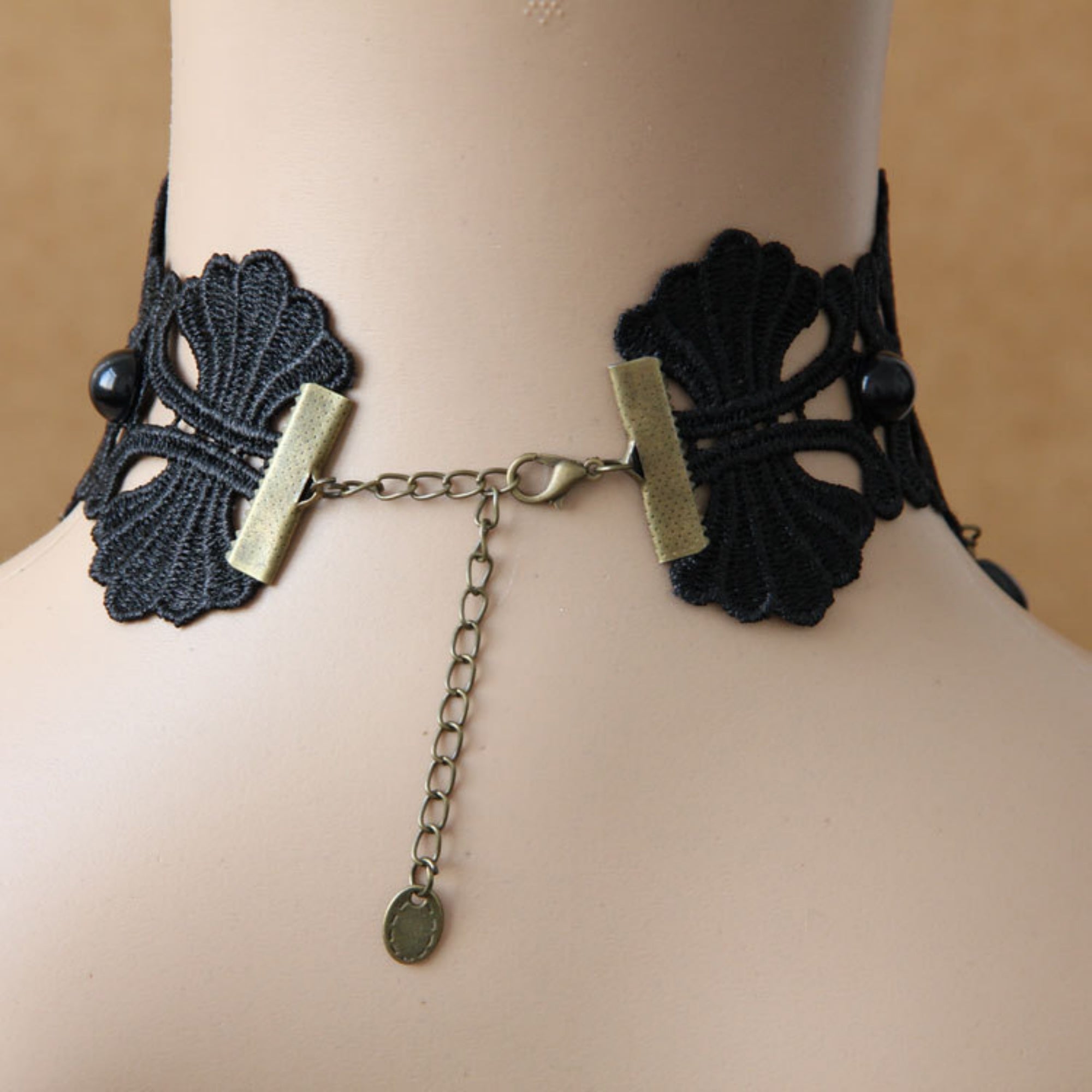 Halloween Black Lace Chandelier Choker Necklace | Antique Bronze Oval Gem Black Pearl Multi-Chain Drop Vampire Queen Halloween Costume Jewelry Gift