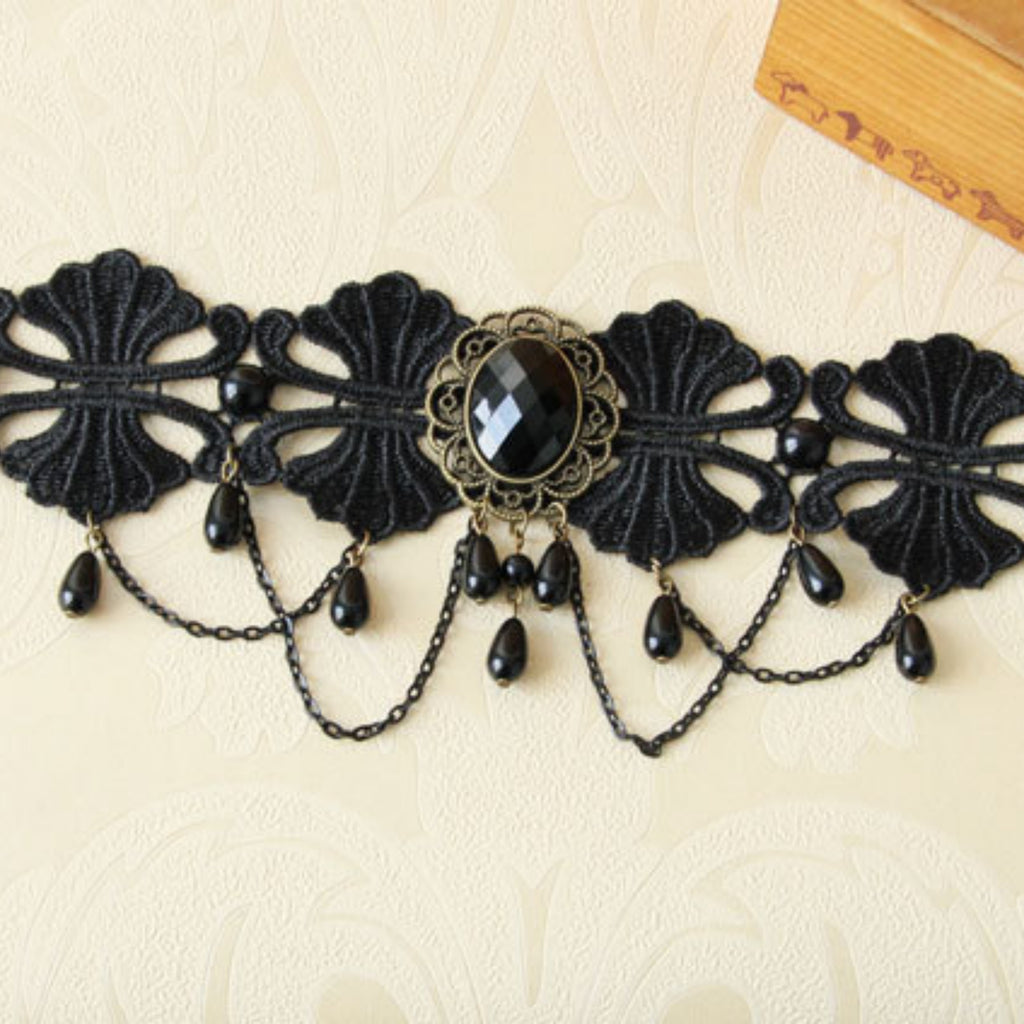 Halloween Black Lace Chandelier Choker Necklace | Antique Bronze Oval Gem Black Pearl Multi-Chain Drop Vampire Queen Halloween Costume Jewelry Gift
