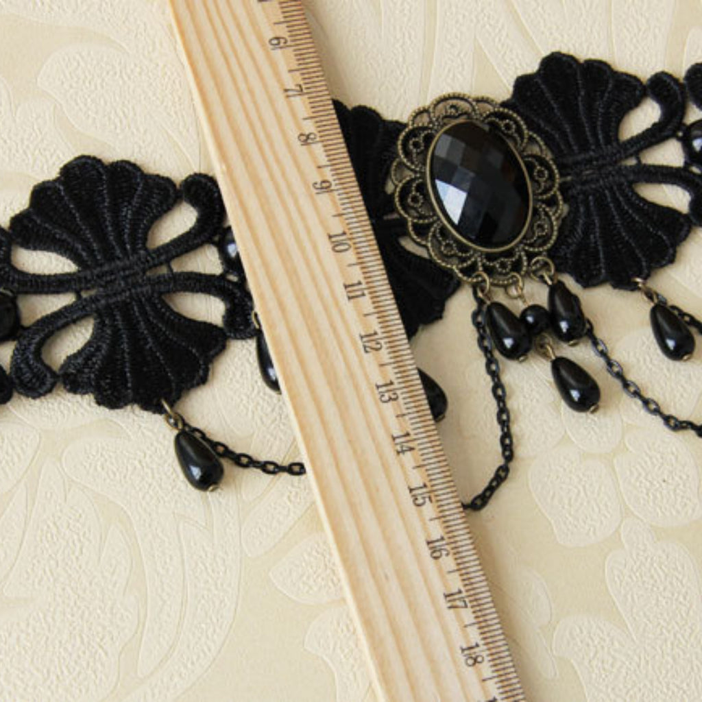 Halloween Black Lace Chandelier Choker Necklace | Antique Bronze Oval Gem Black Pearl Multi-Chain Drop Vampire Queen Halloween Costume Jewelry Gift