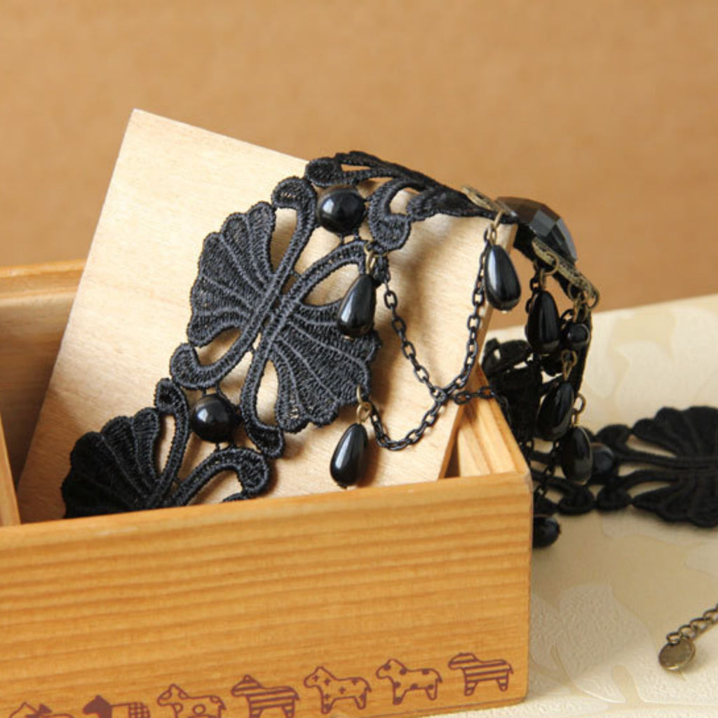 Halloween Black Lace Chandelier Choker Necklace | Antique Bronze Oval Gem Black Pearl Multi-Chain Drop Vampire Queen Halloween Costume Jewelry Gift