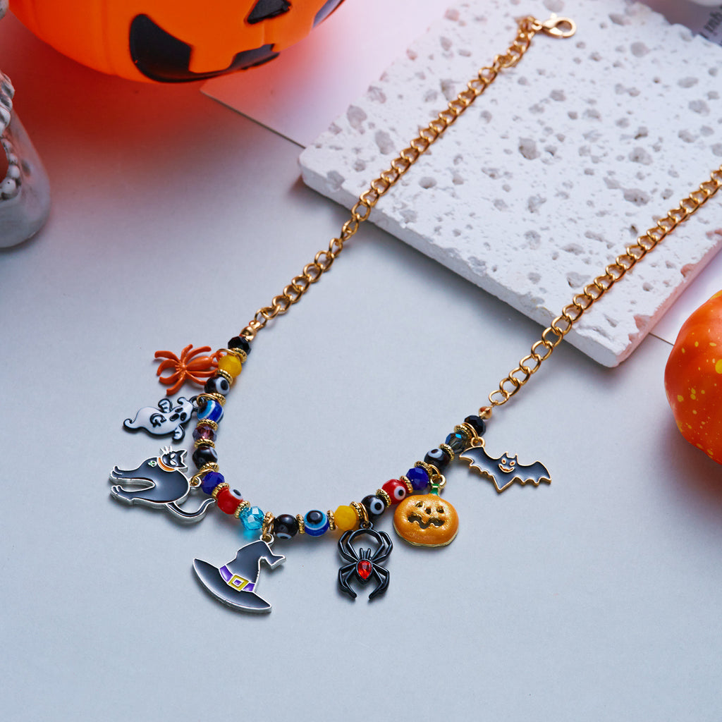 Halloween Ghost Black Cat Pumpkin Charm Necklace & Witch Hat Earring Set | Colorful Bead Gold Chain Halloween Jewelry