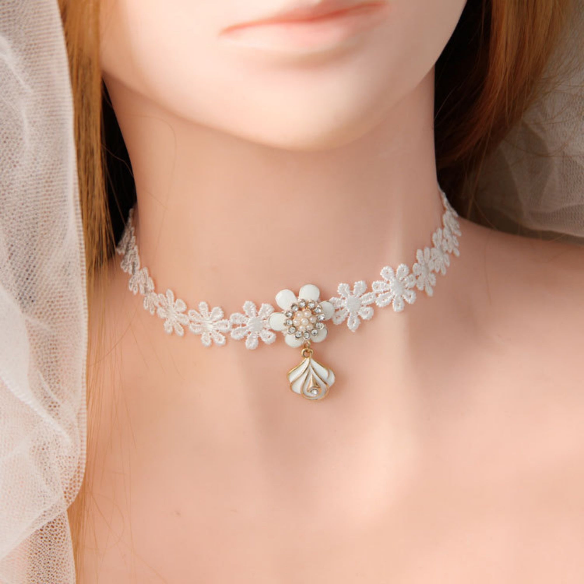 Halloween White Daisy Flower Lace Choker Necklace | Gold White Enamel Flame Drop Ghost Bride Fallen Angel White Witch Halloween Costume Jewelry Gift