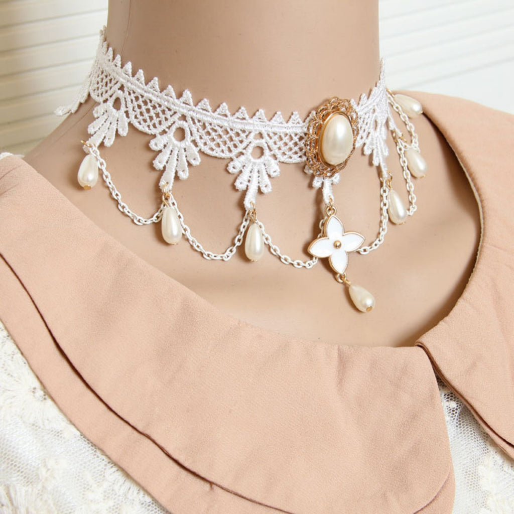 Halloween White Lace Pearl Choker Necklace | Ghost Bride Angel White Witch Pearl Drop Gold Chain Halloween Costume Jewelry Gift