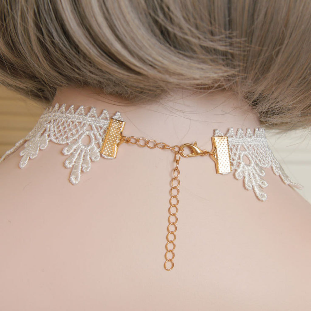 Halloween White Lace Pearl Choker Necklace | Ghost Bride Angel White Witch Pearl Drop Gold Chain Halloween Costume Jewelry Gift
