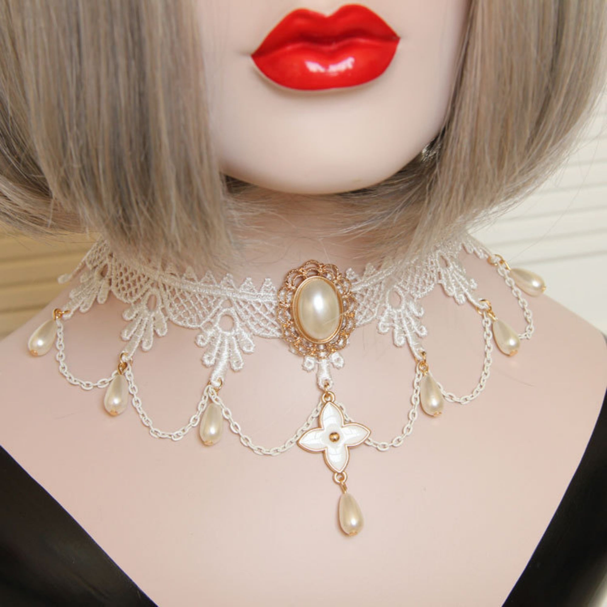 Halloween White Lace Pearl Choker Necklace | Ghost Bride Angel White Witch Pearl Drop Gold Chain Halloween Costume Jewelry Gift