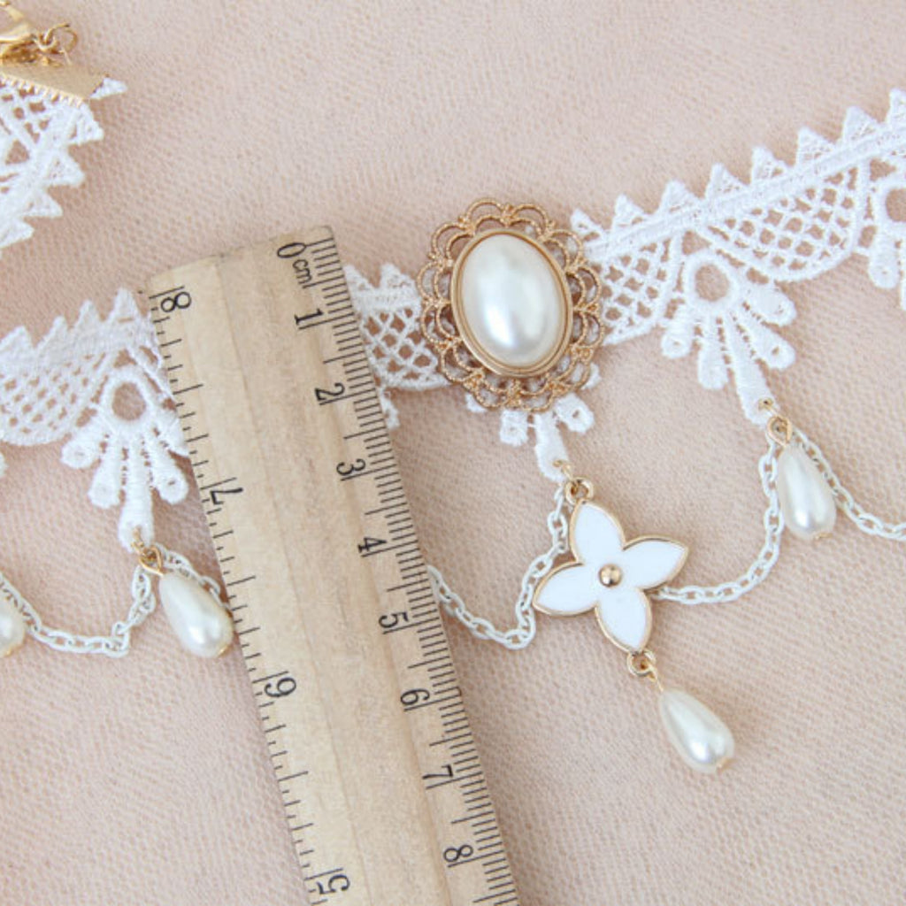 Halloween White Lace Pearl Choker Necklace | Ghost Bride Angel White Witch Pearl Drop Gold Chain Halloween Costume Jewelry Gift