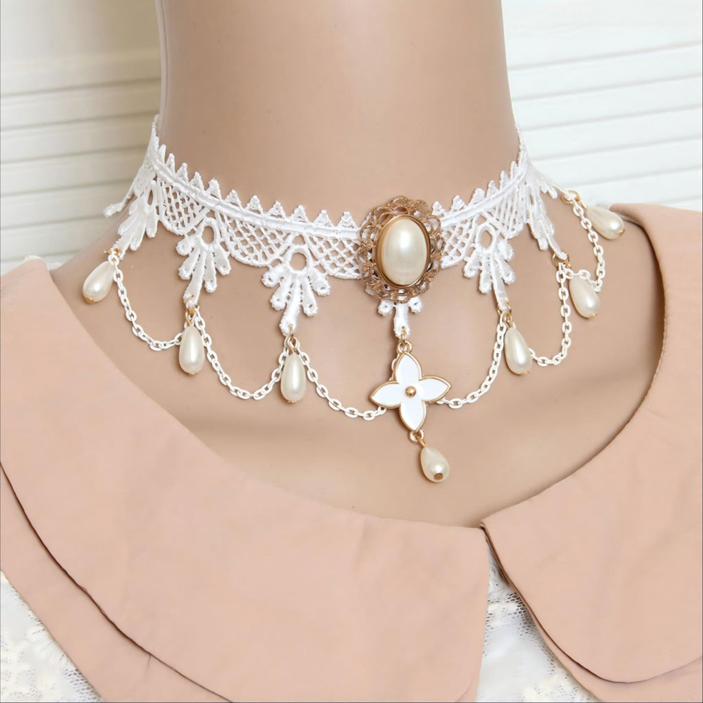 Halloween White Lace Pearl Choker Necklace | Ghost Bride Angel White Witch Pearl Drop Gold Chain Halloween Costume Jewelry Gift