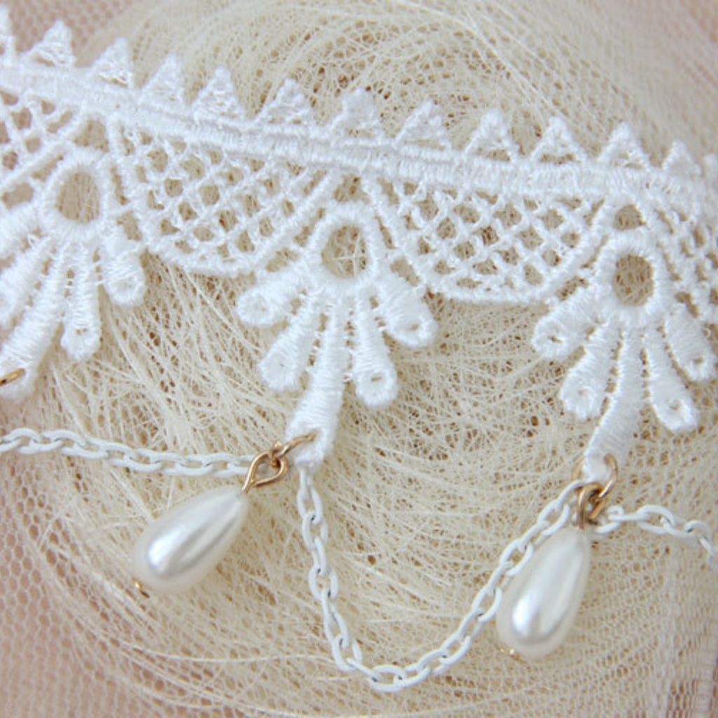 Halloween White Lace Pearl Choker Necklace | Ghost Bride Angel White Witch Pearl Drop Gold Chain Halloween Costume Jewelry Gift