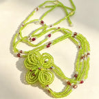 Handmade Lime Green Multi-Strand Lariat Necklace | Knotted Flower Pendant Red Crystal Boho Statement