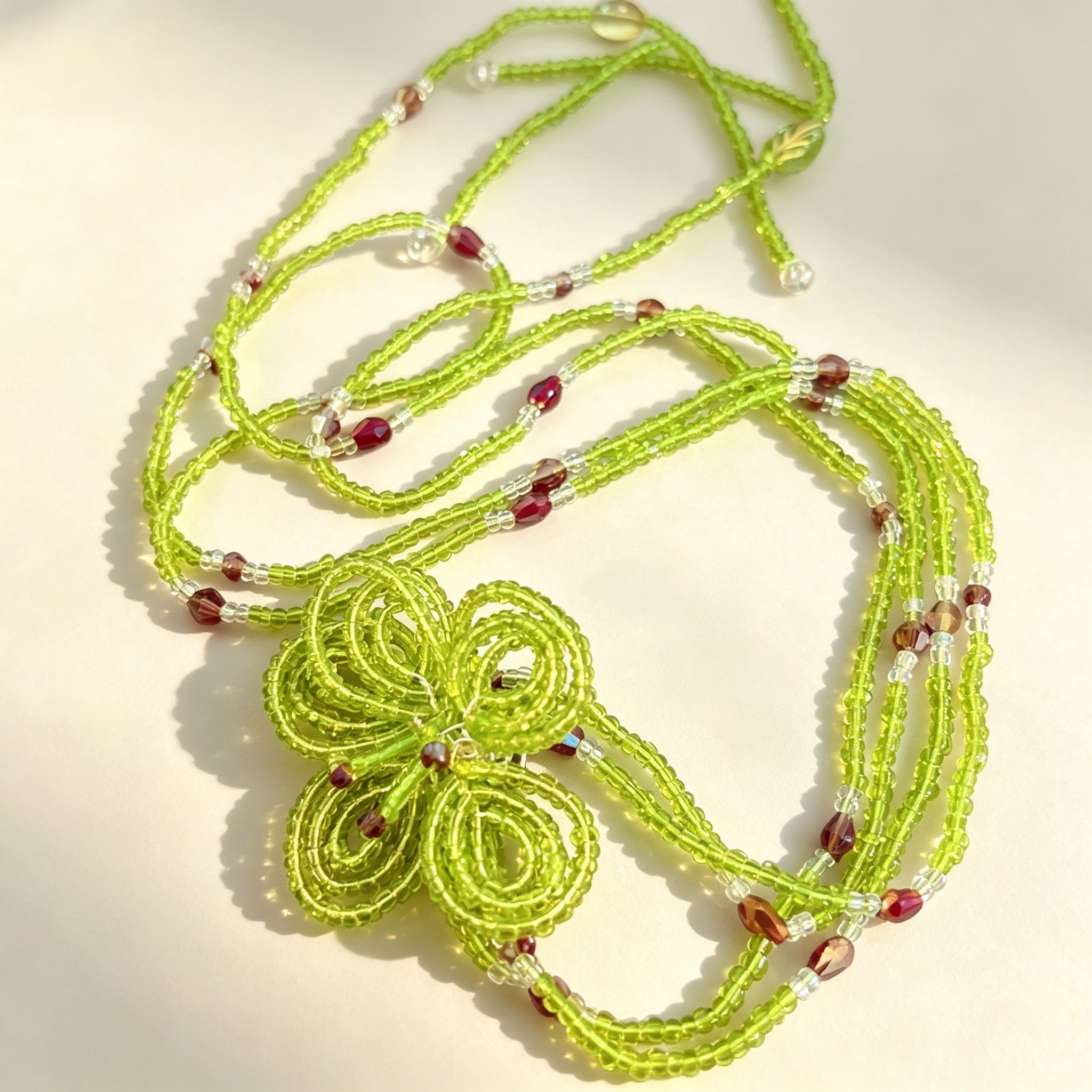 Handmade Lime Green Multi-Strand Lariat Necklace | Knotted Flower Pendant Red Crystal Boho Statement