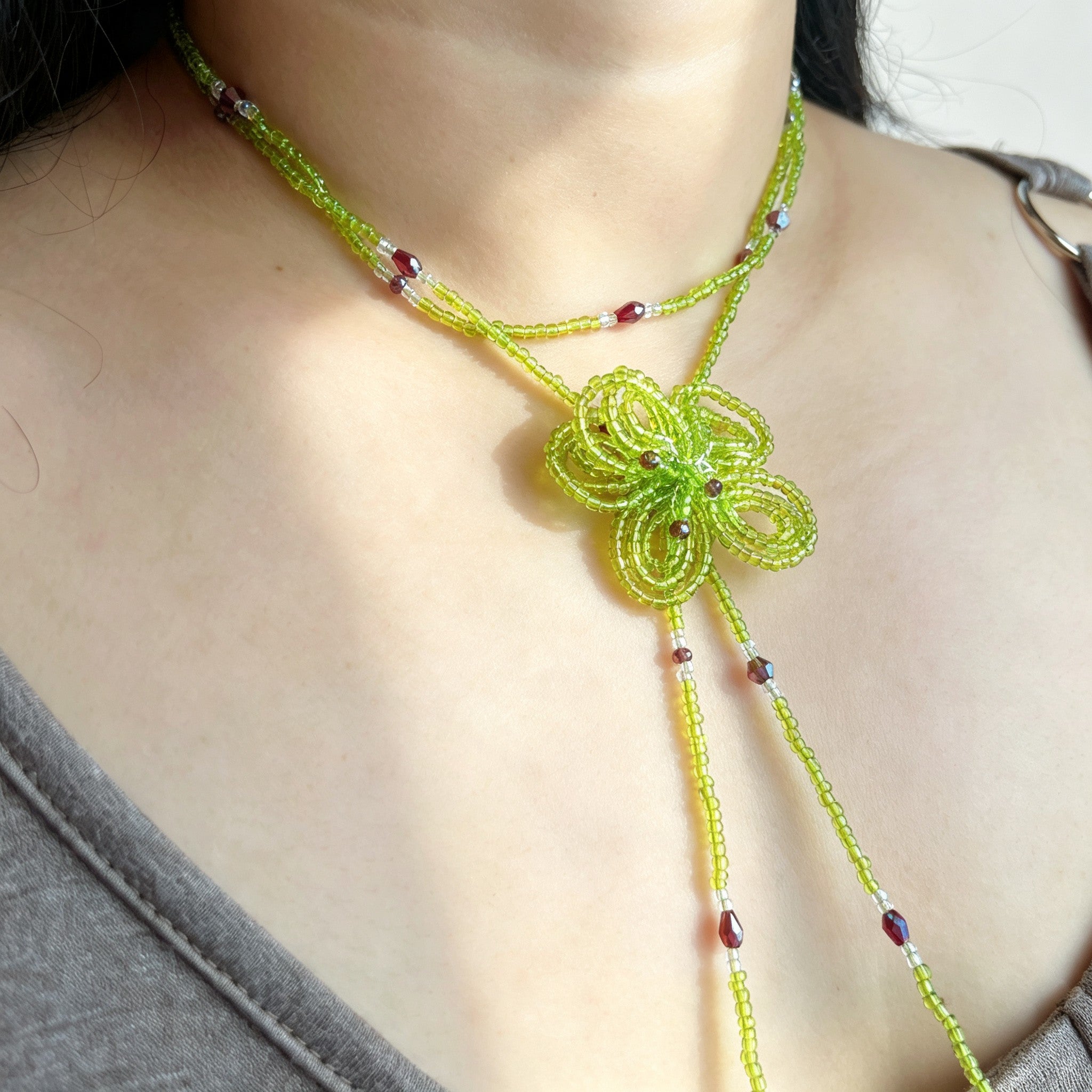 Handmade Lime Green Multi-Strand Lariat Necklace | Knotted Flower Pendant Red Crystal Boho Statement