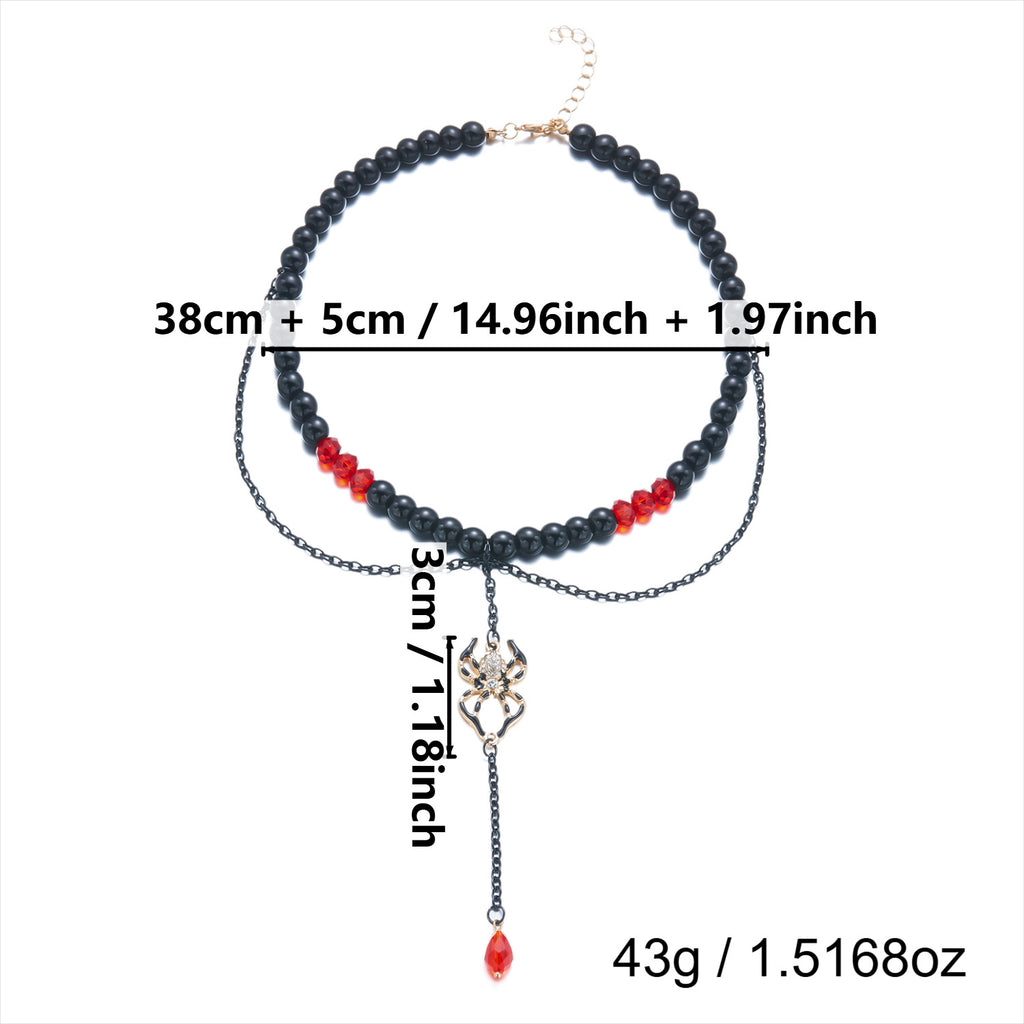 Halloween Gothic Spider Choker Necklace | Black Matte Bead Red Crystal Double Layer Chain Spider Pendant Halloween Jewelry