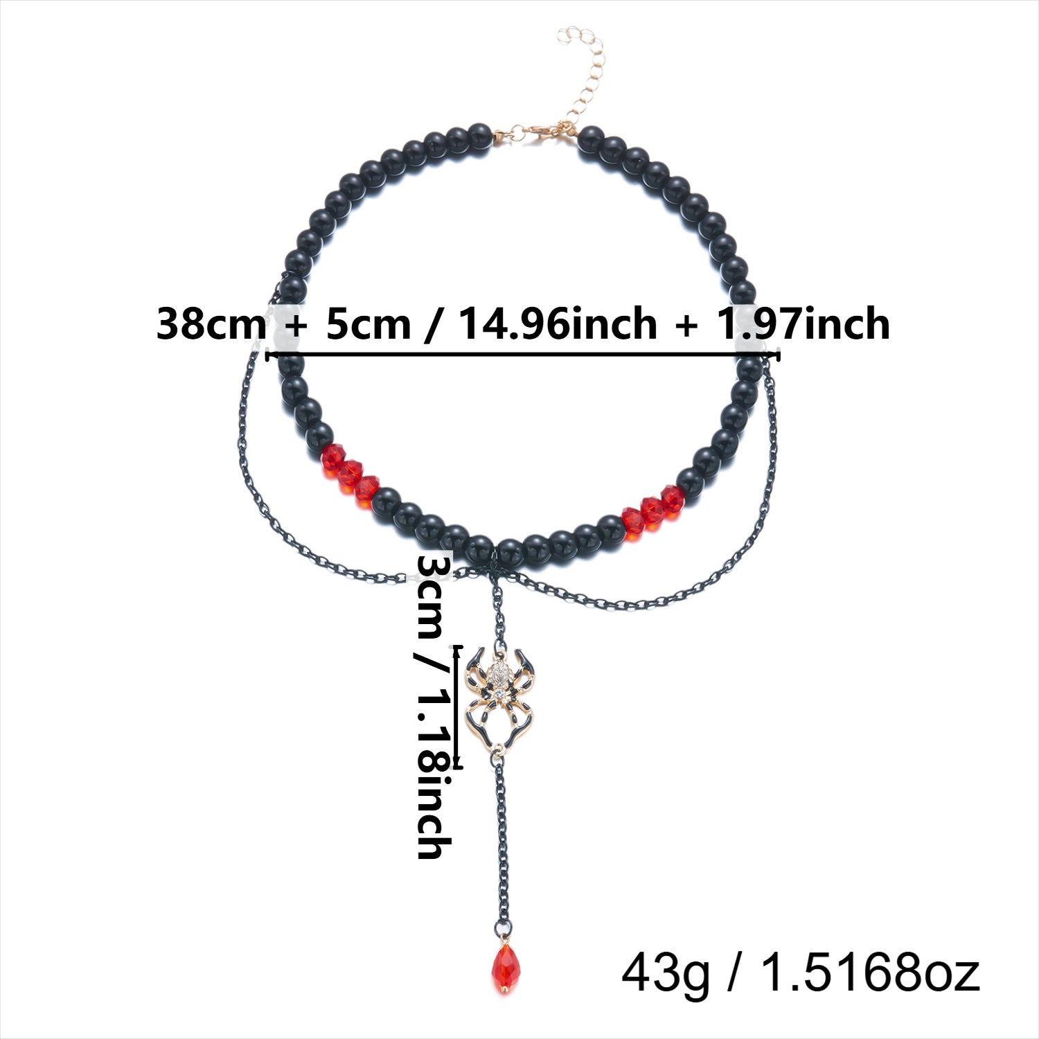 Halloween Gothic Spider Choker Necklace | Black Matte Bead Red Crystal Double Layer Chain Spider Pendant Halloween Jewelry