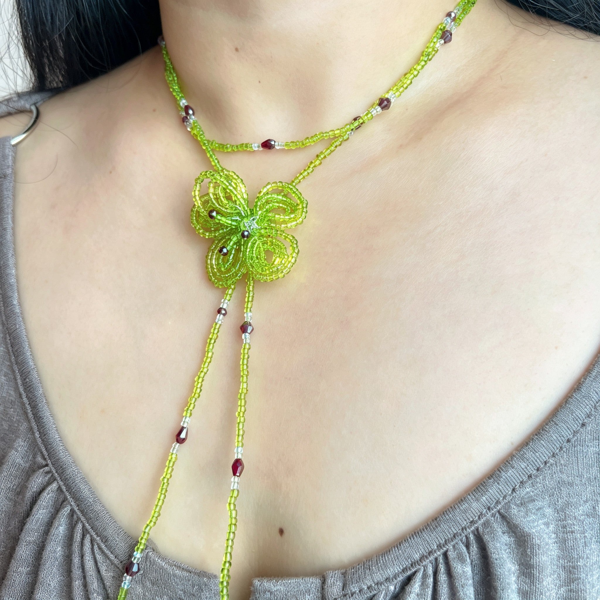 Handmade Lime Green Multi-Strand Lariat Necklace | Knotted Flower Pendant Red Crystal Boho Statement
