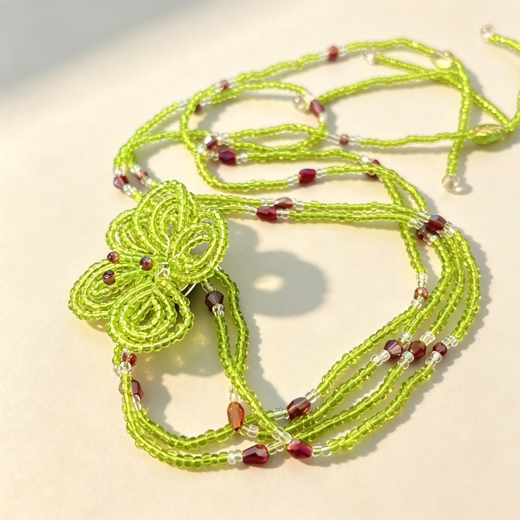 Handmade Lime Green Multi-Strand Lariat Necklace | Knotted Flower Pendant Red Crystal Boho Statement