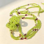 Handmade Lime Green Multi-Strand Lariat Necklace | Knotted Flower Pendant Red Crystal Boho Statement