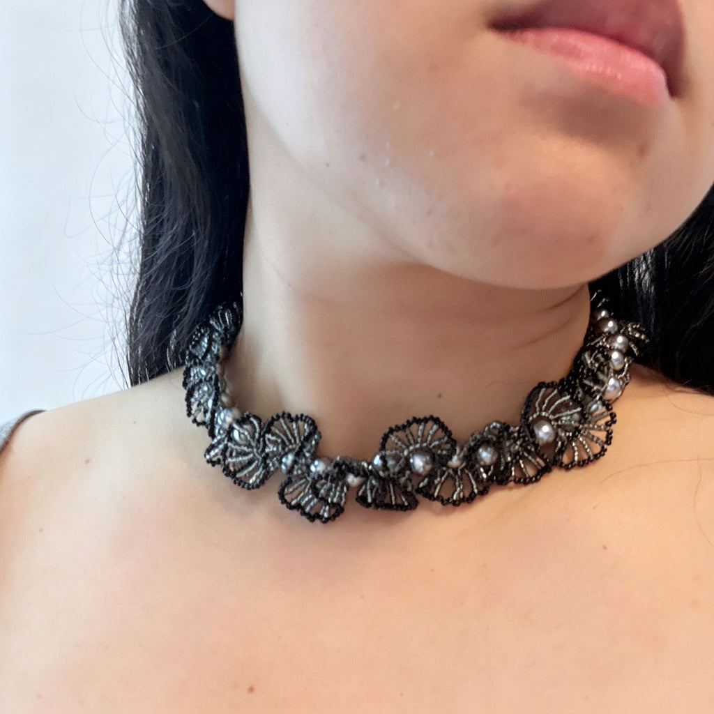 Handmade Black & Gunmetal Scallop Flower Beaded Choker Necklace | Grey Pearl Gothic Statement Collar