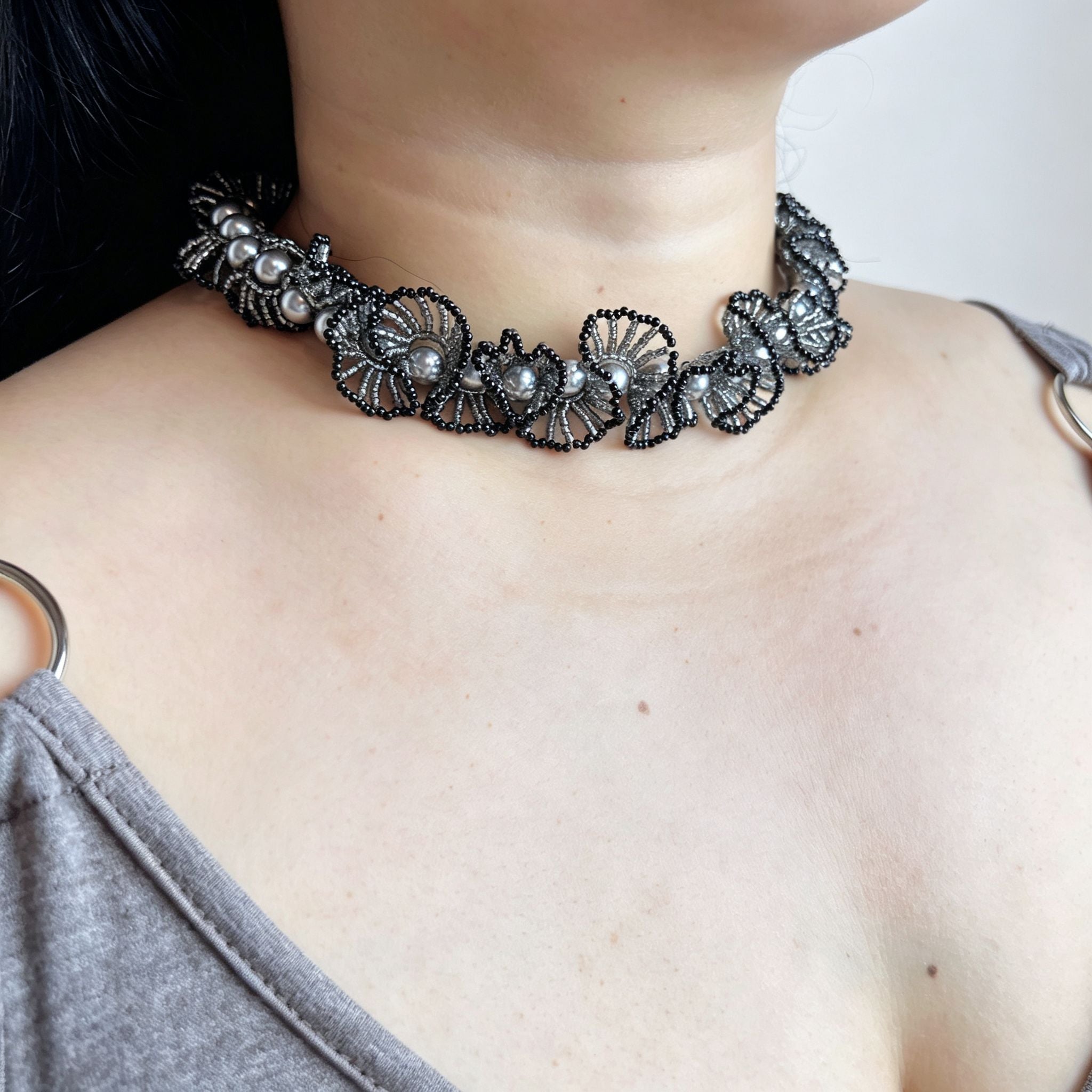 Handmade Black & Gunmetal Scallop Flower Beaded Choker Necklace | Grey Pearl Gothic Statement Collar