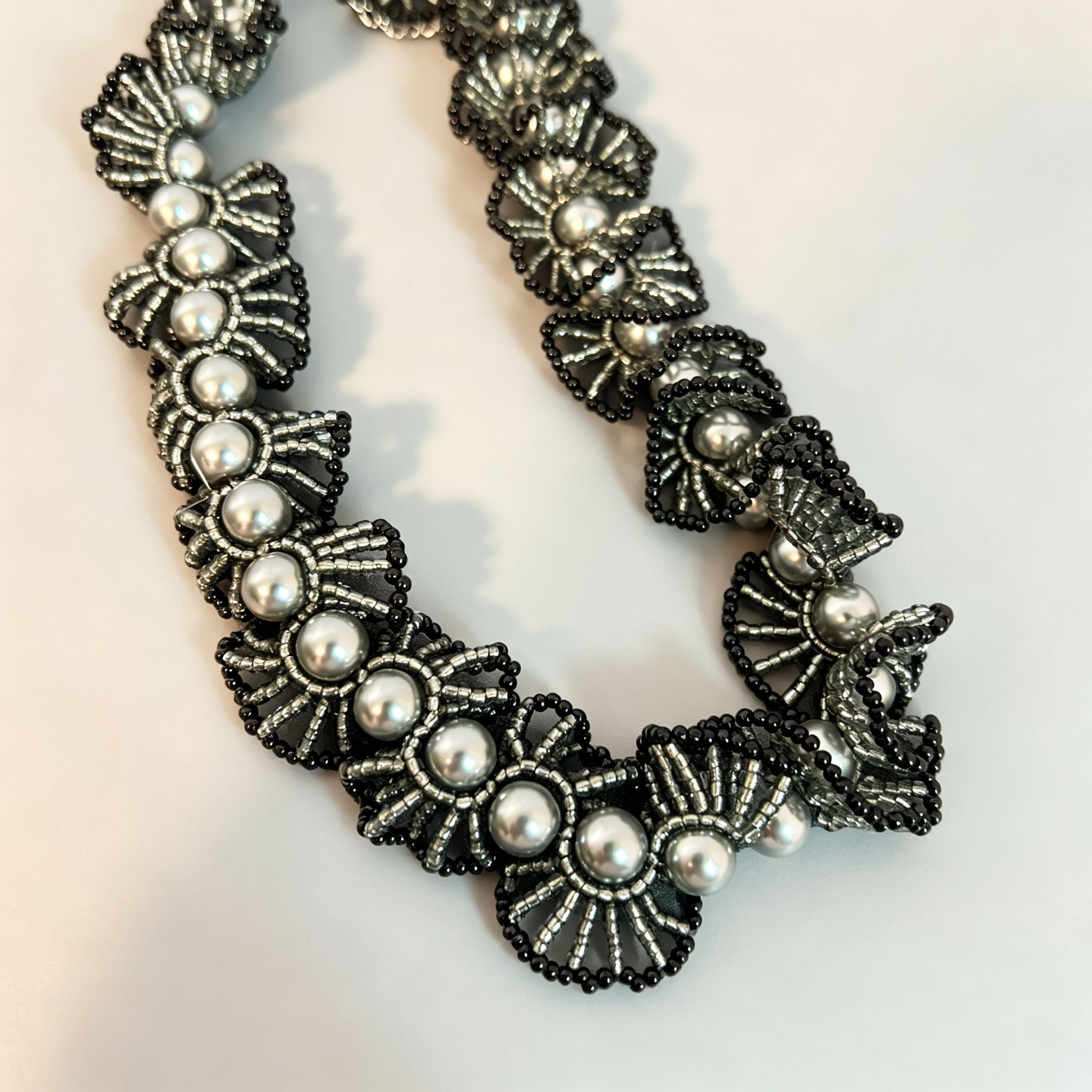 Handmade Black & Gunmetal Scallop Flower Beaded Choker Necklace | Grey Pearl Gothic Statement Collar