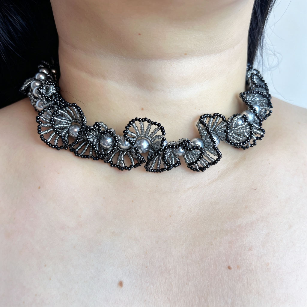 Handmade Black & Gunmetal Scallop Flower Beaded Choker Necklace | Grey Pearl Gothic Statement Collar