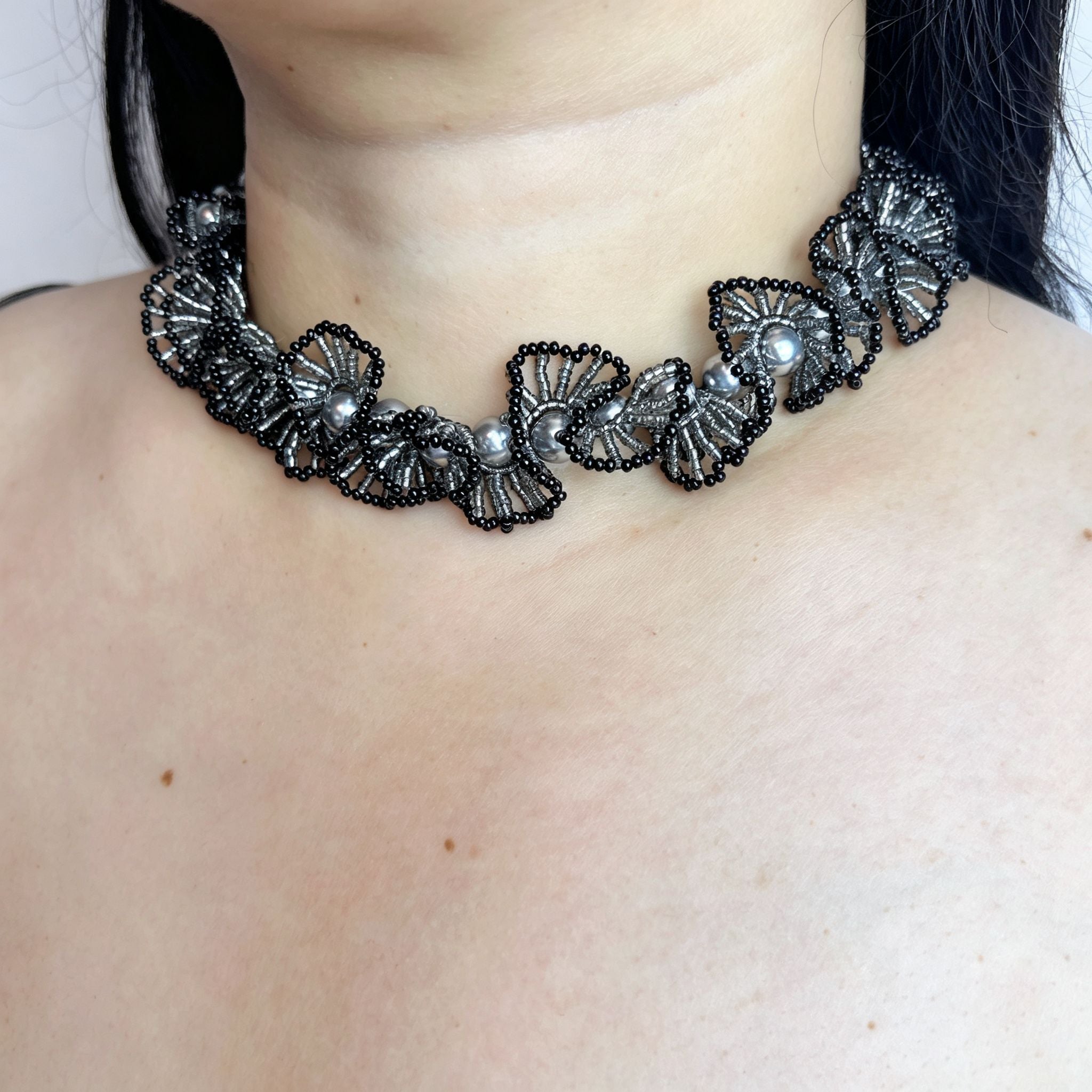 Handmade Black & Gunmetal Scallop Flower Beaded Choker Necklace | Grey Pearl Gothic Statement Collar