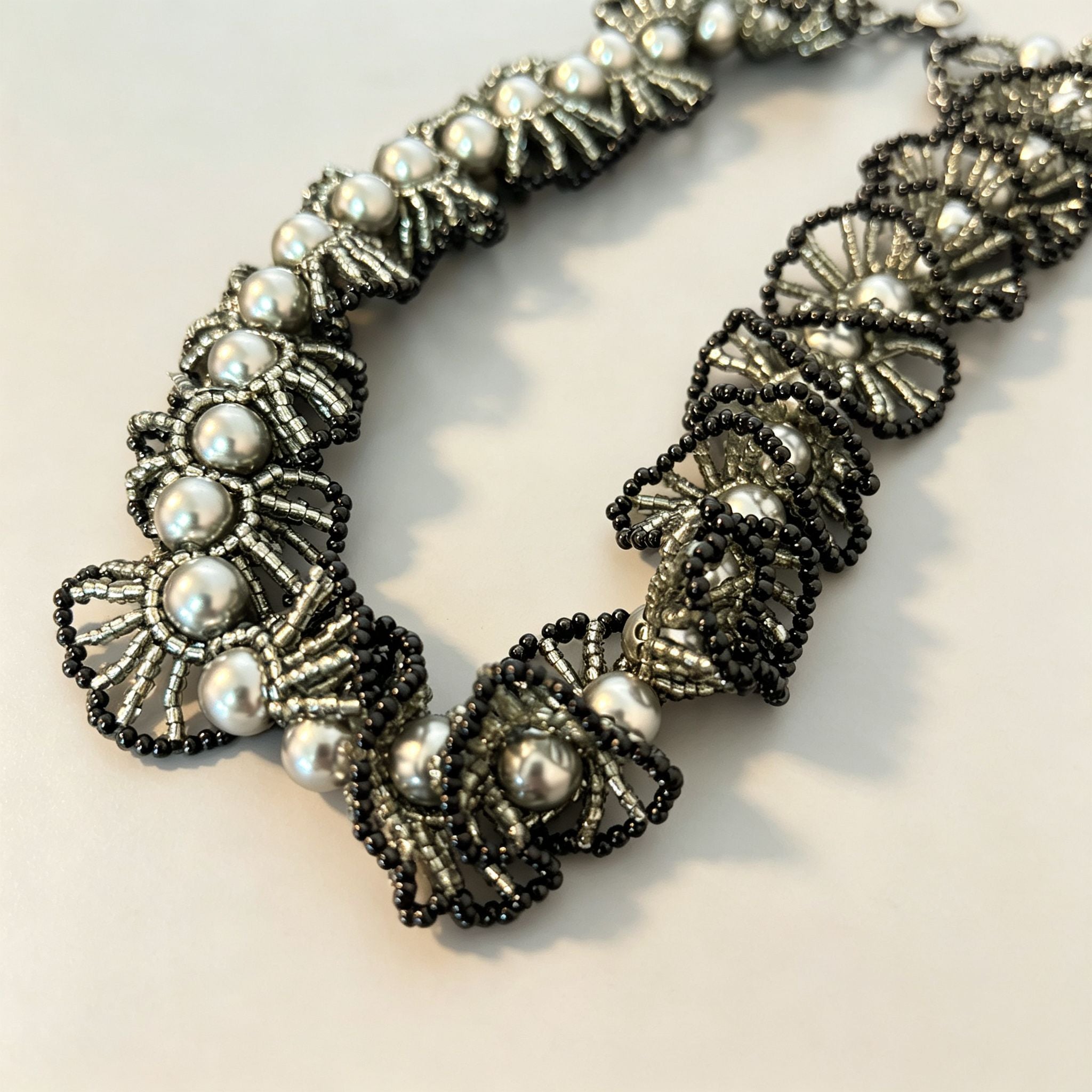 Handmade Black & Gunmetal Scallop Flower Beaded Choker Necklace | Grey Pearl Gothic Statement Collar