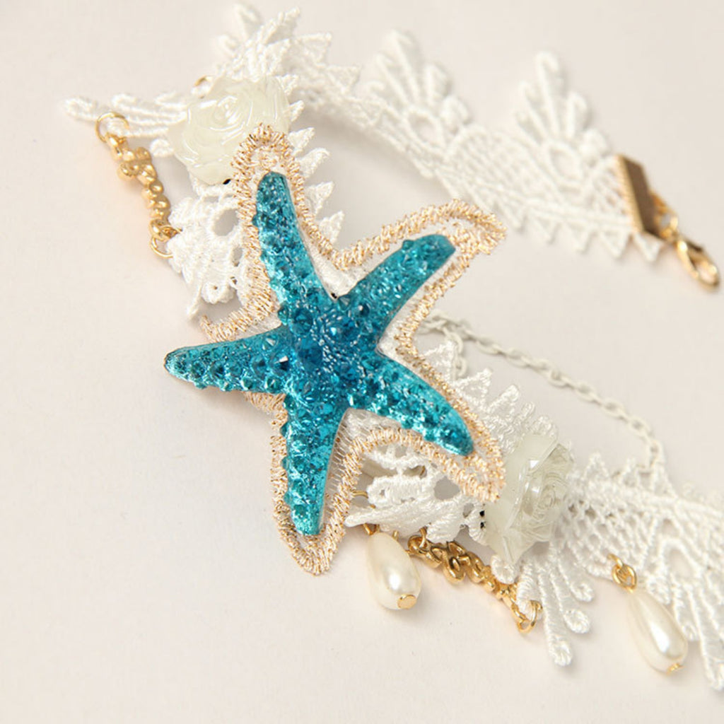 White Lace Starfish Choker Necklace | Mermaid Ocean Fairy Blue Glitter Starfish Pearl Drop Gold Chain Love Charm Beach Aesthetic Jewelry Gift