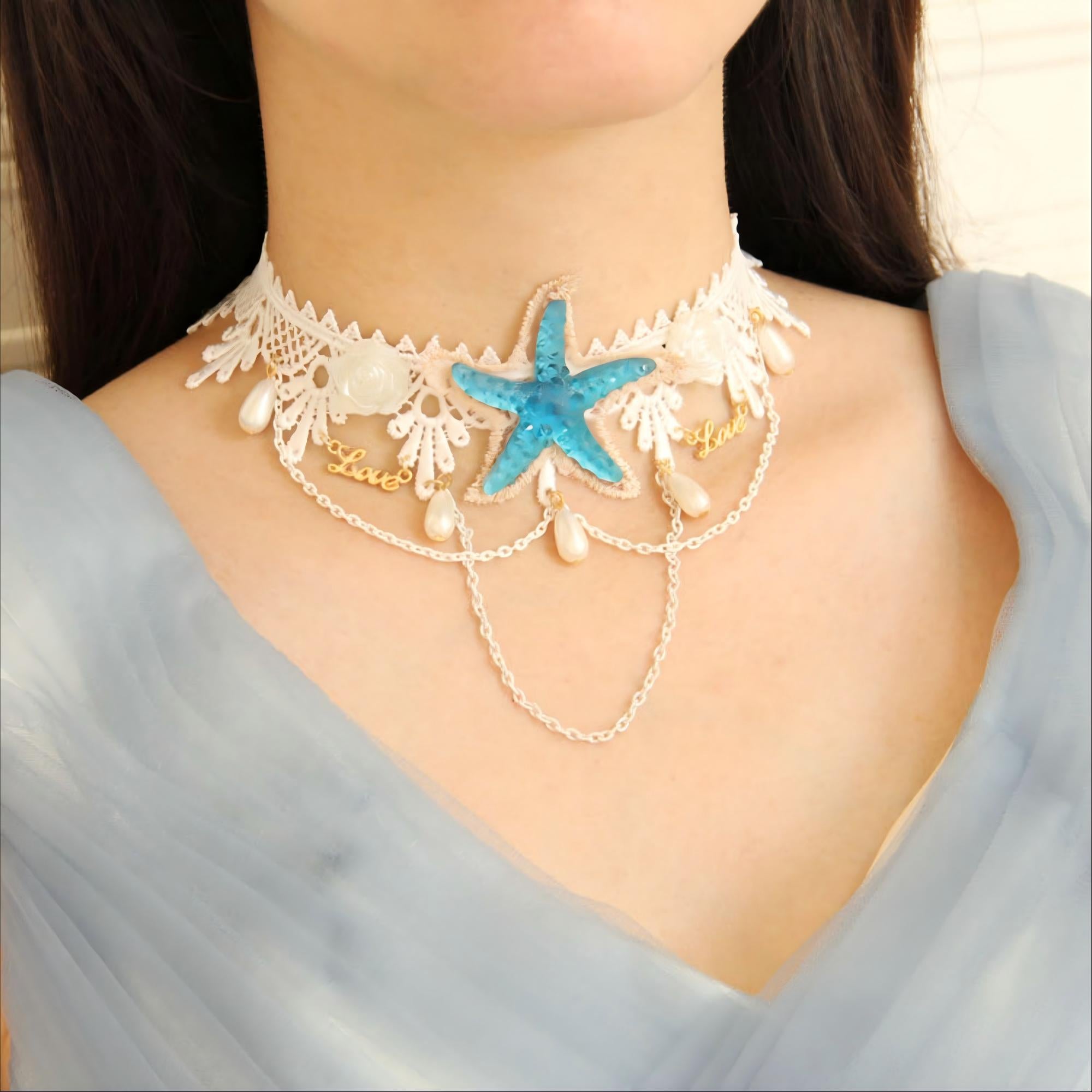 White Lace Starfish Choker Necklace | Mermaid Ocean Fairy Blue Glitter Starfish Pearl Drop Gold Chain Love Charm Beach Aesthetic Jewelry Gift