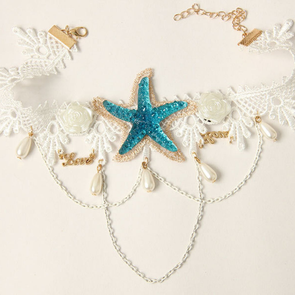 White Lace Starfish Choker Necklace | Mermaid Ocean Fairy Blue Glitter Starfish Pearl Drop Gold Chain Love Charm Beach Aesthetic Jewelry Gift