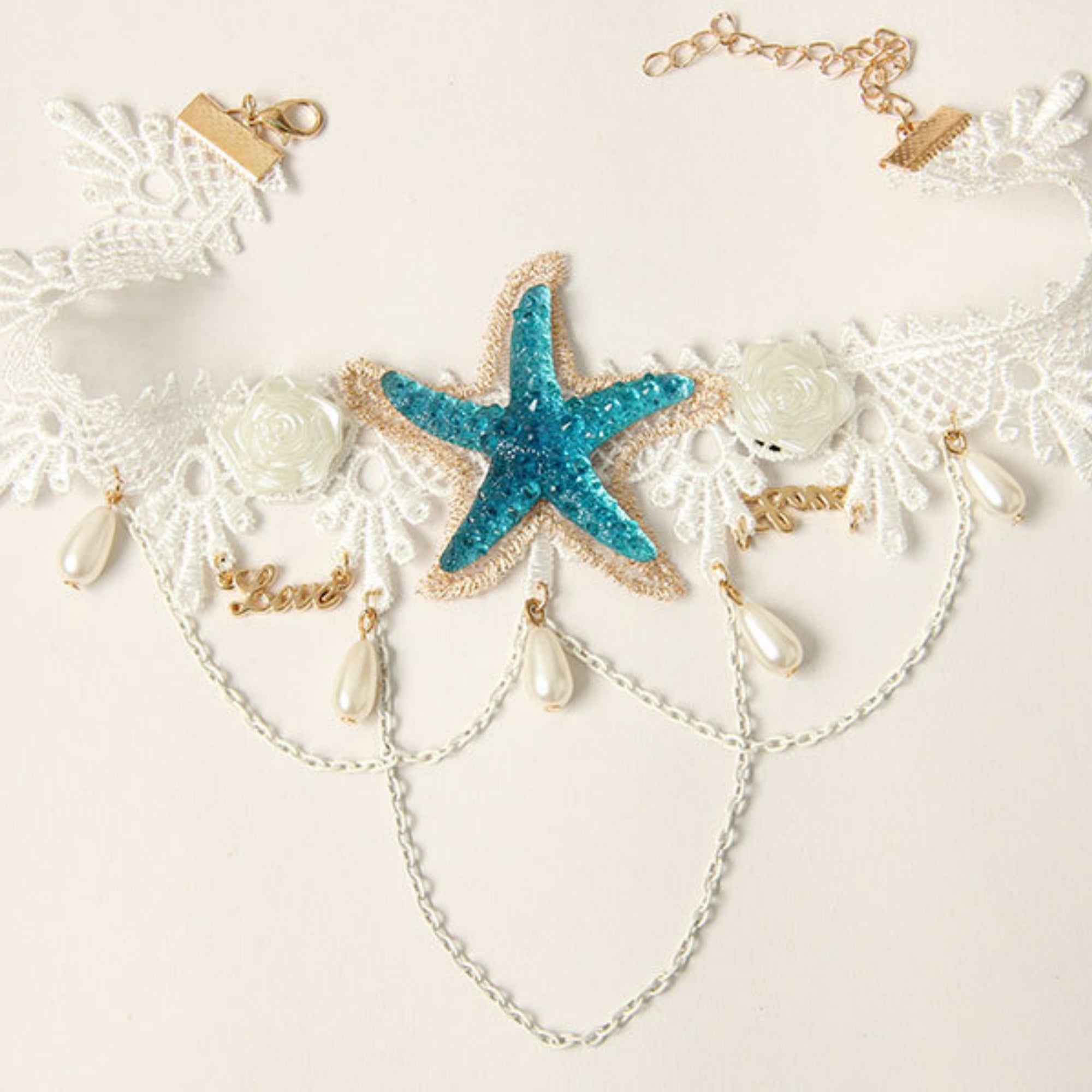 White Lace Starfish Choker Necklace | Mermaid Ocean Fairy Blue Glitter Starfish Pearl Drop Gold Chain Love Charm Beach Aesthetic Jewelry Gift